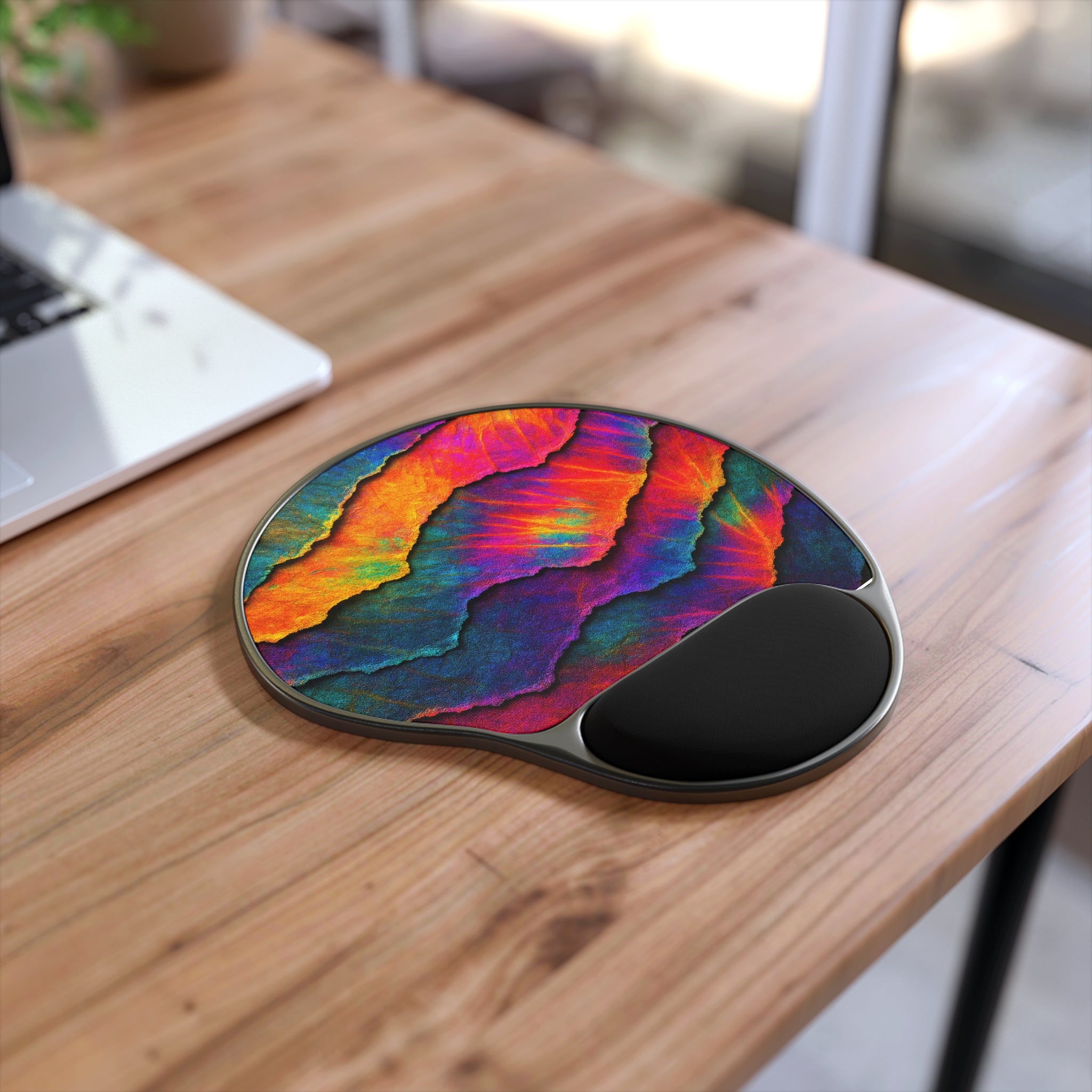 Abstract Rainbow Waves Mouse Pad with Wrist Rest — Ergonomic Gaming & Office Accessory