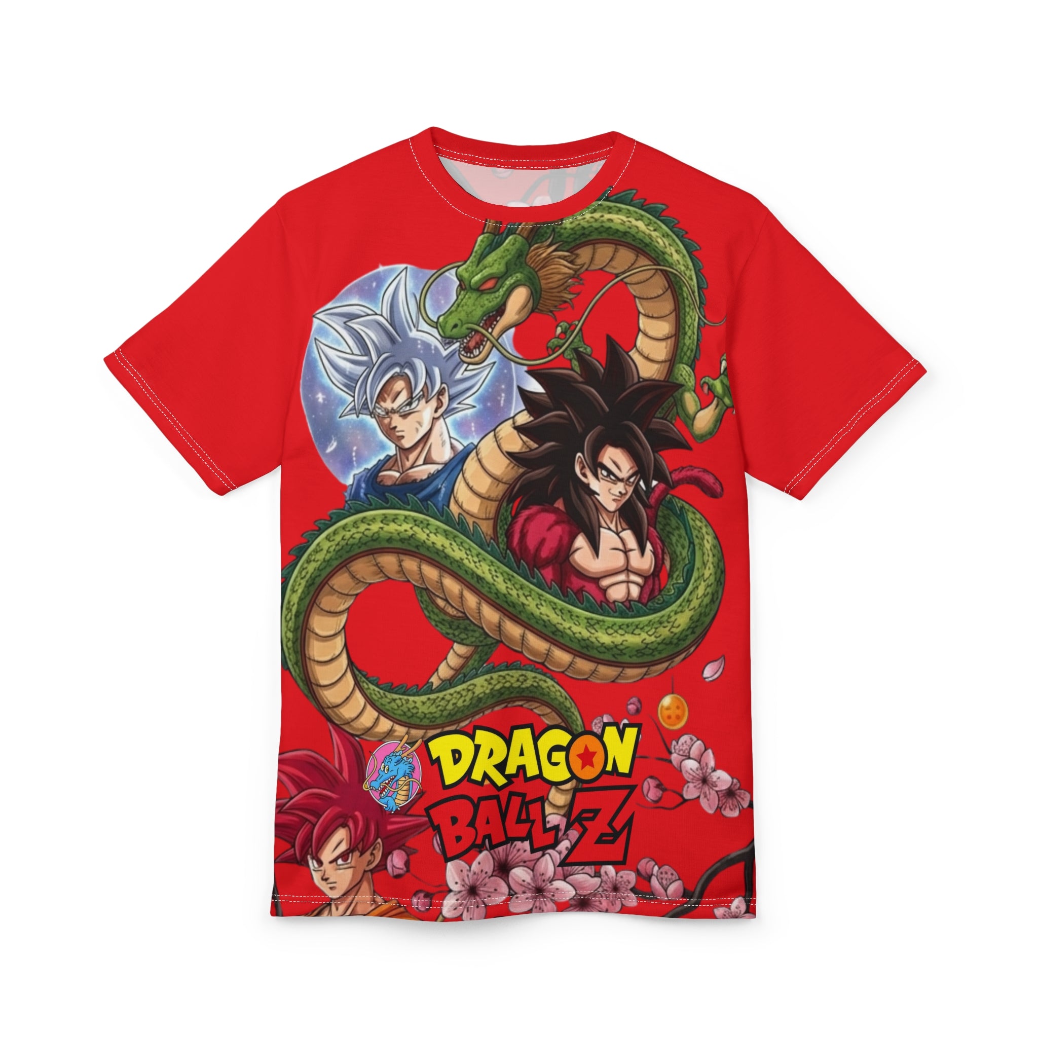 Dragon Ball Z Red Crewneck Tee – Goku, Shenron & Sakura All-Over Print
