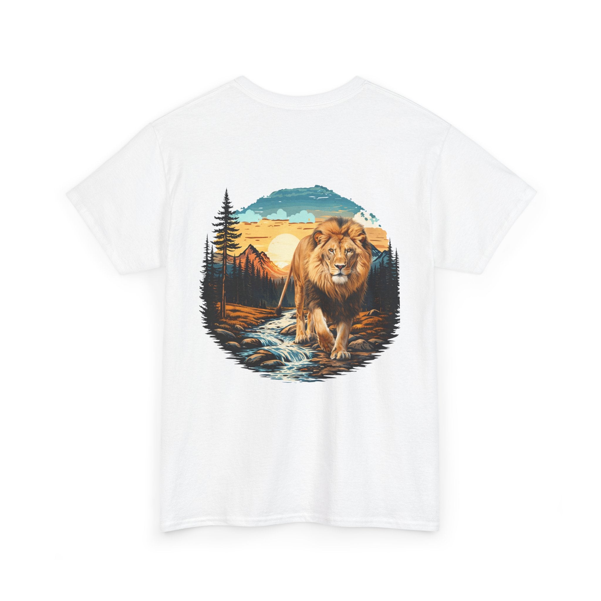 Lion in Wilderness Graphic Tee — Vintage Mountain Sunset T-Shirt