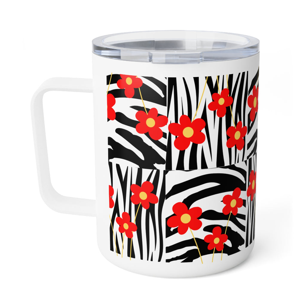10oz Insulated Coffee Mug — Red Floral on Zebra Stripe Pattern