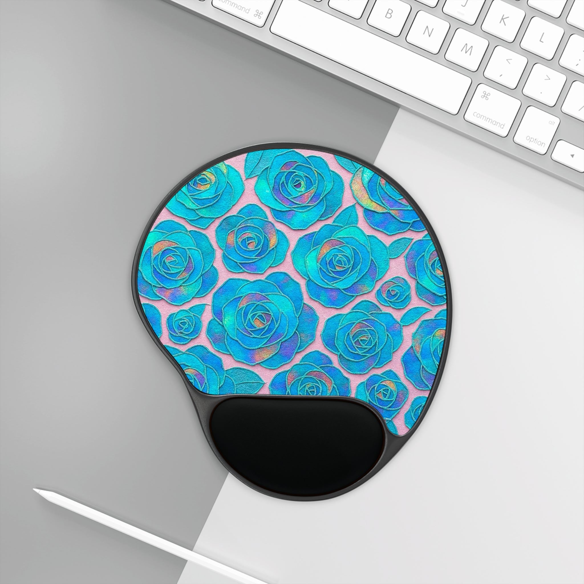 Blue Teal Rose Mouse Pad with Ergonomic Wrist Rest — Floral Ergonomic Desk Pad