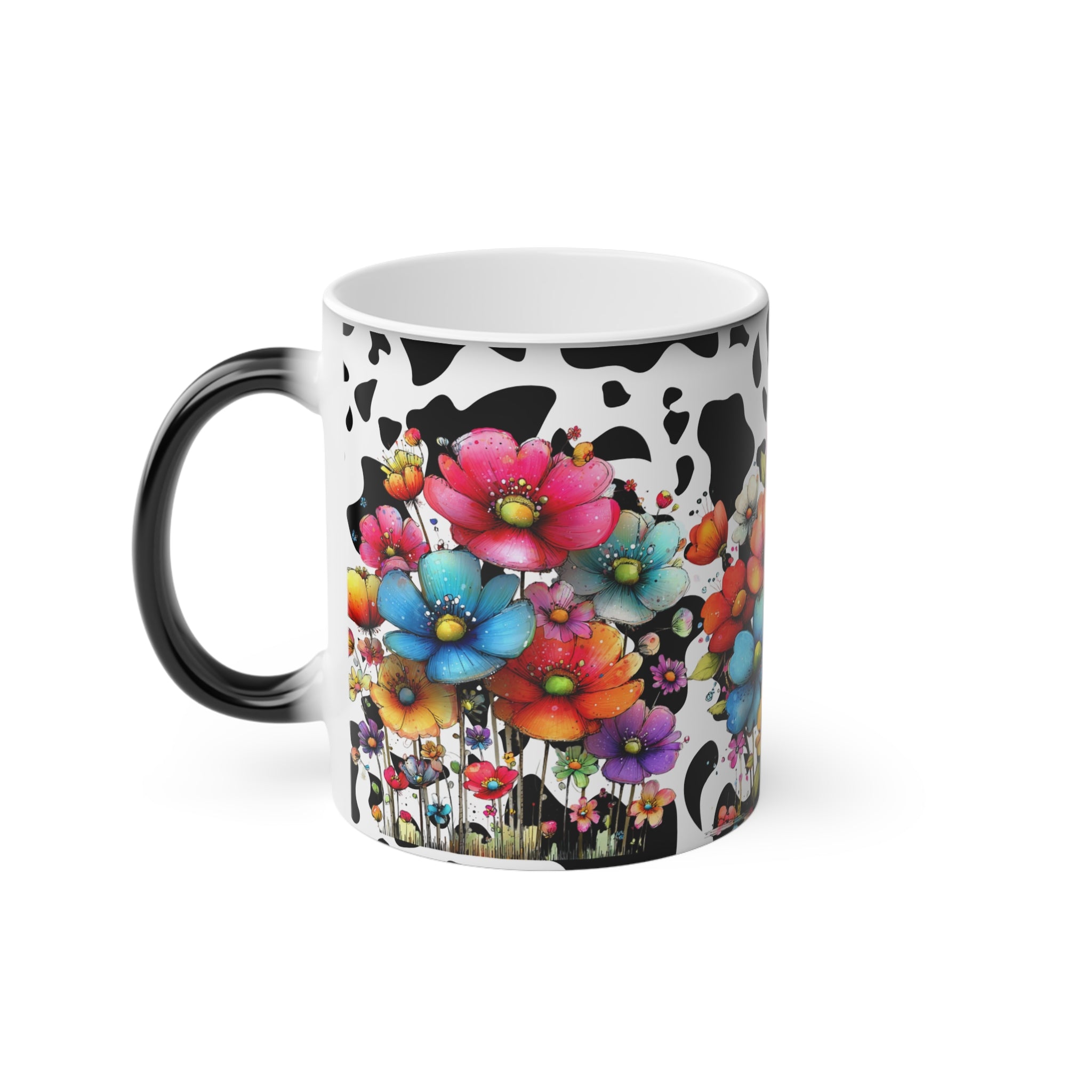 Colorful Floral Magic Mug — Cow Print Background
