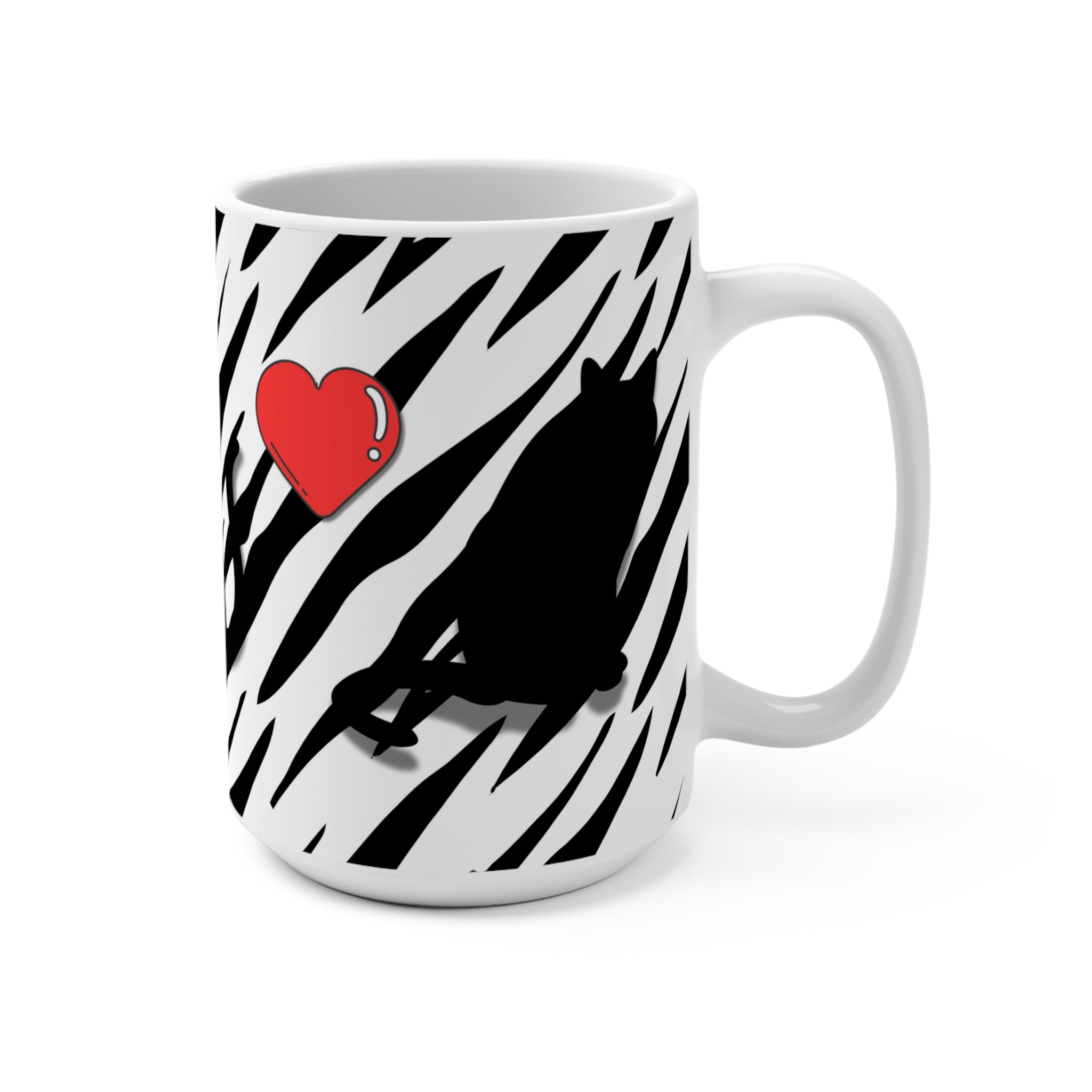 Cat Silhouette 15oz Mug — Zebra Print with Red Hearts, Cute Cat Lover Coffee Cup