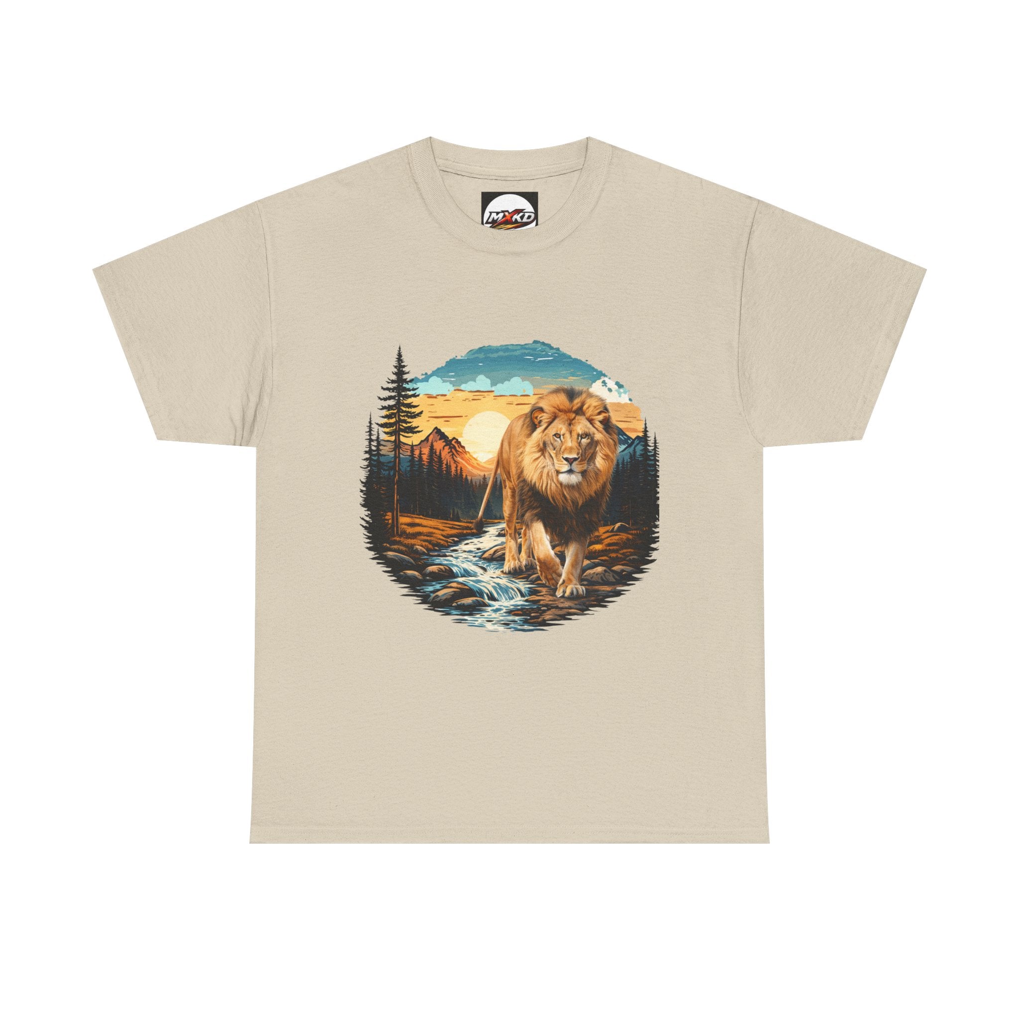 Lion in Wilderness Graphic Tee — Vintage Mountain Sunset T-Shirt