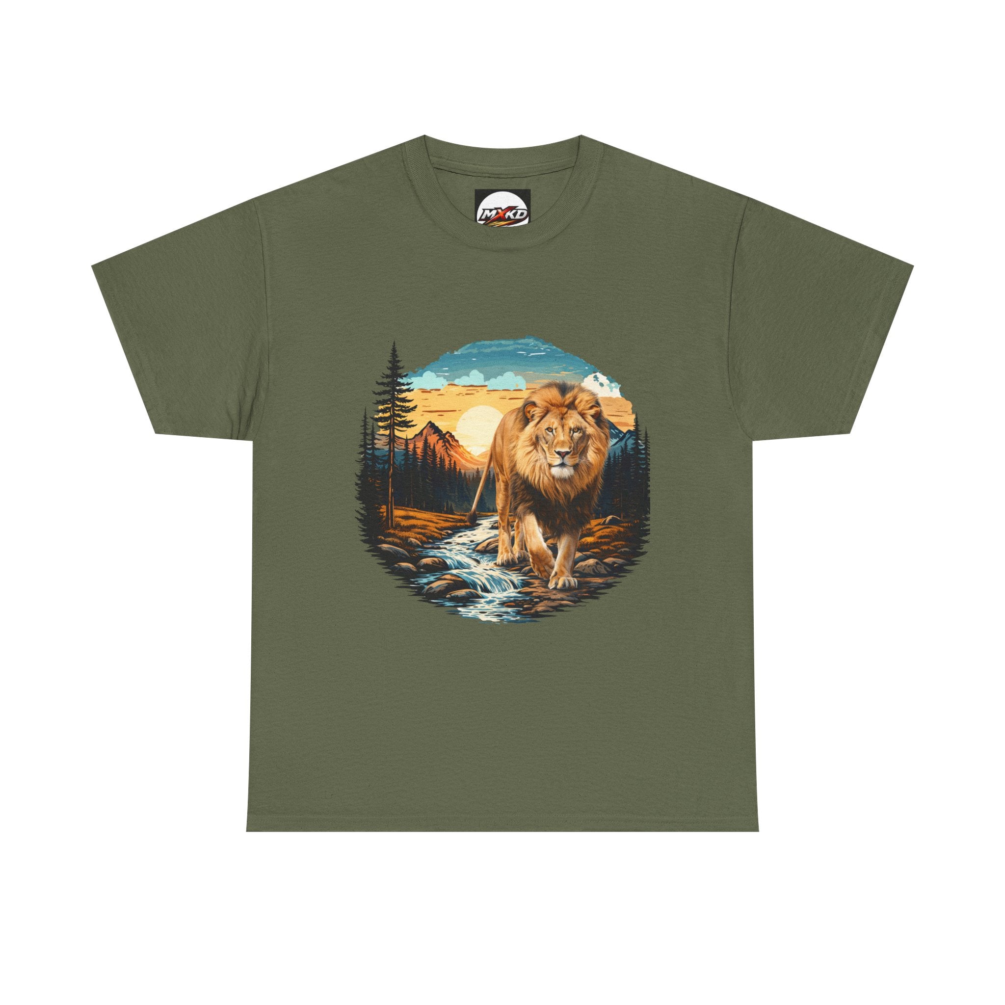 Lion in Wilderness Graphic Tee — Vintage Mountain Sunset T-Shirt