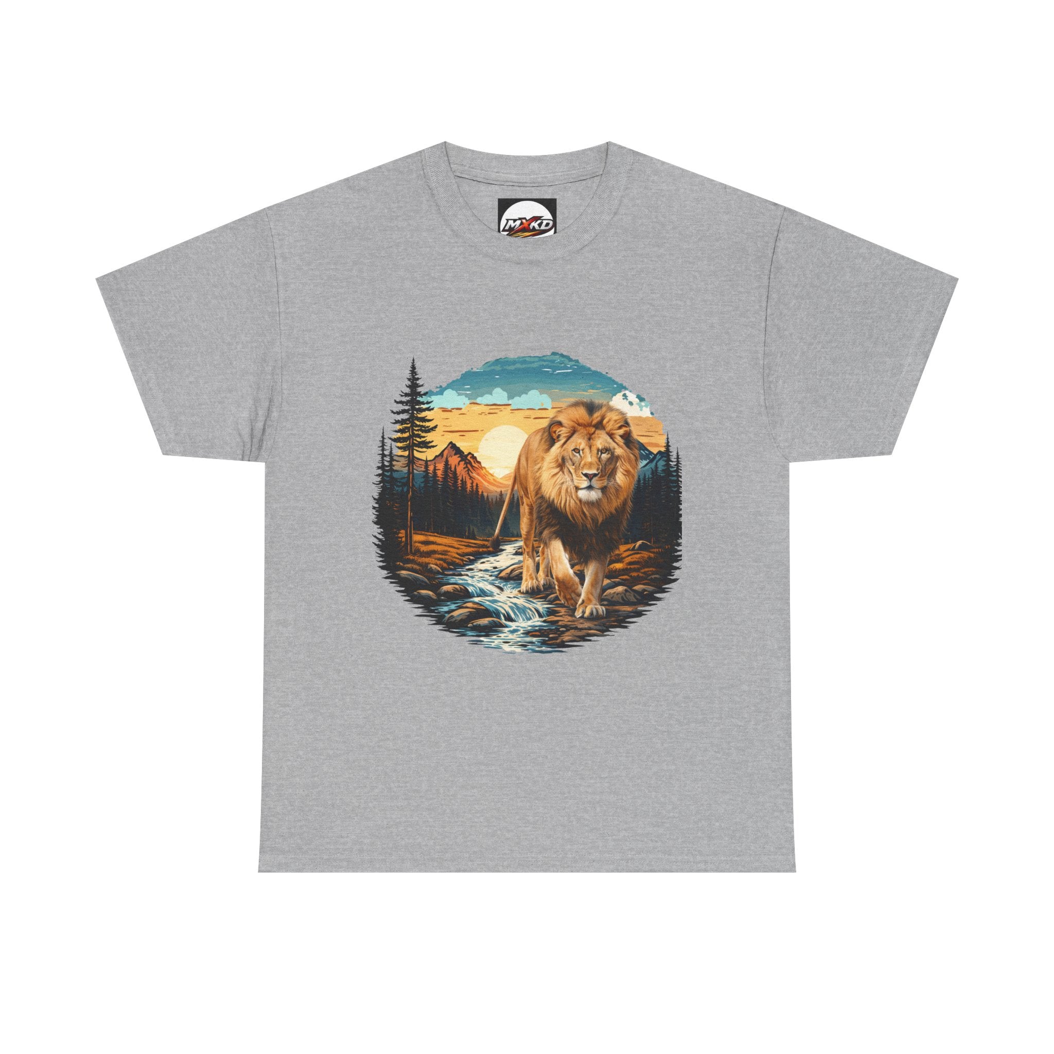 Lion in Wilderness Graphic Tee — Vintage Mountain Sunset T-Shirt