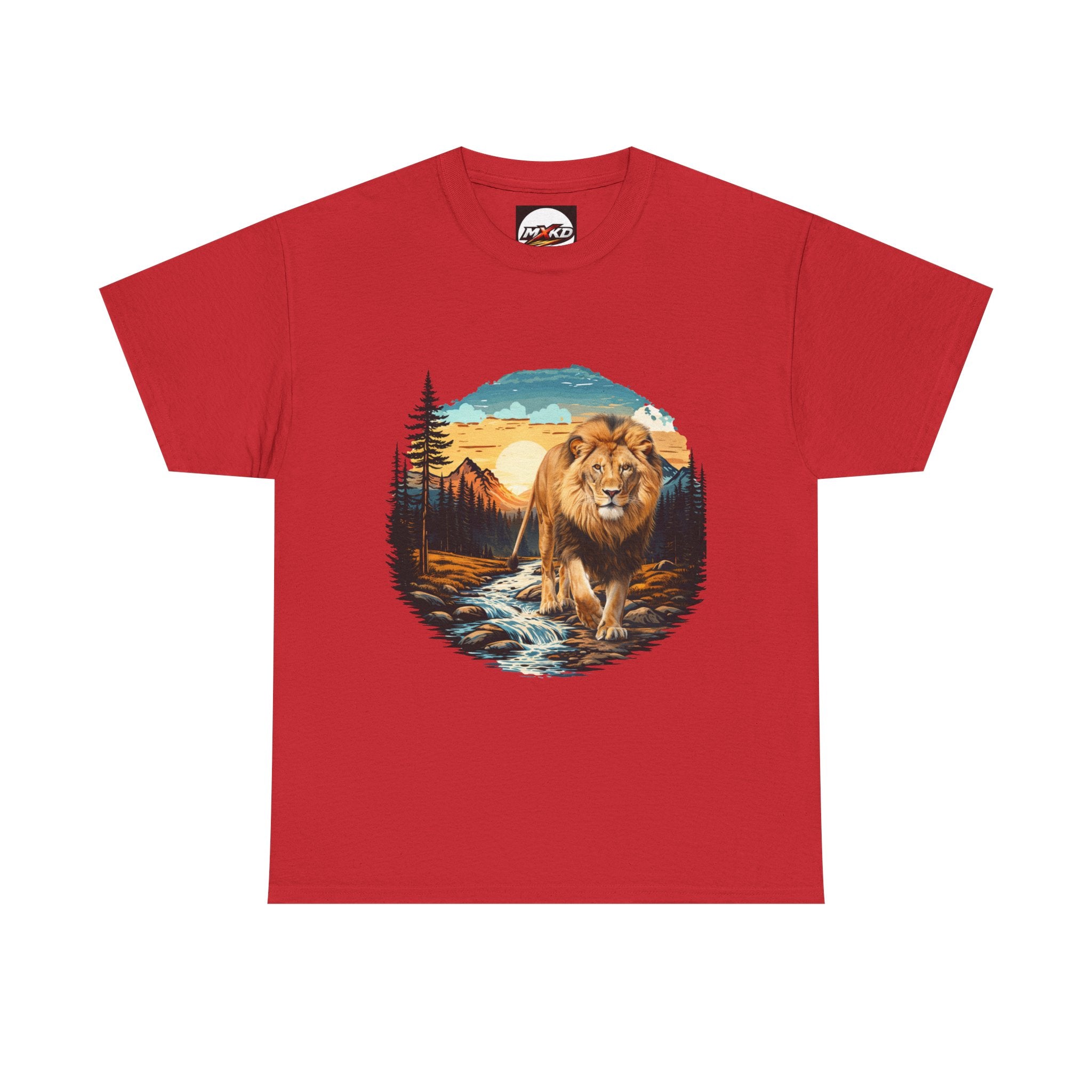 Lion in Wilderness Graphic Tee — Vintage Mountain Sunset T-Shirt