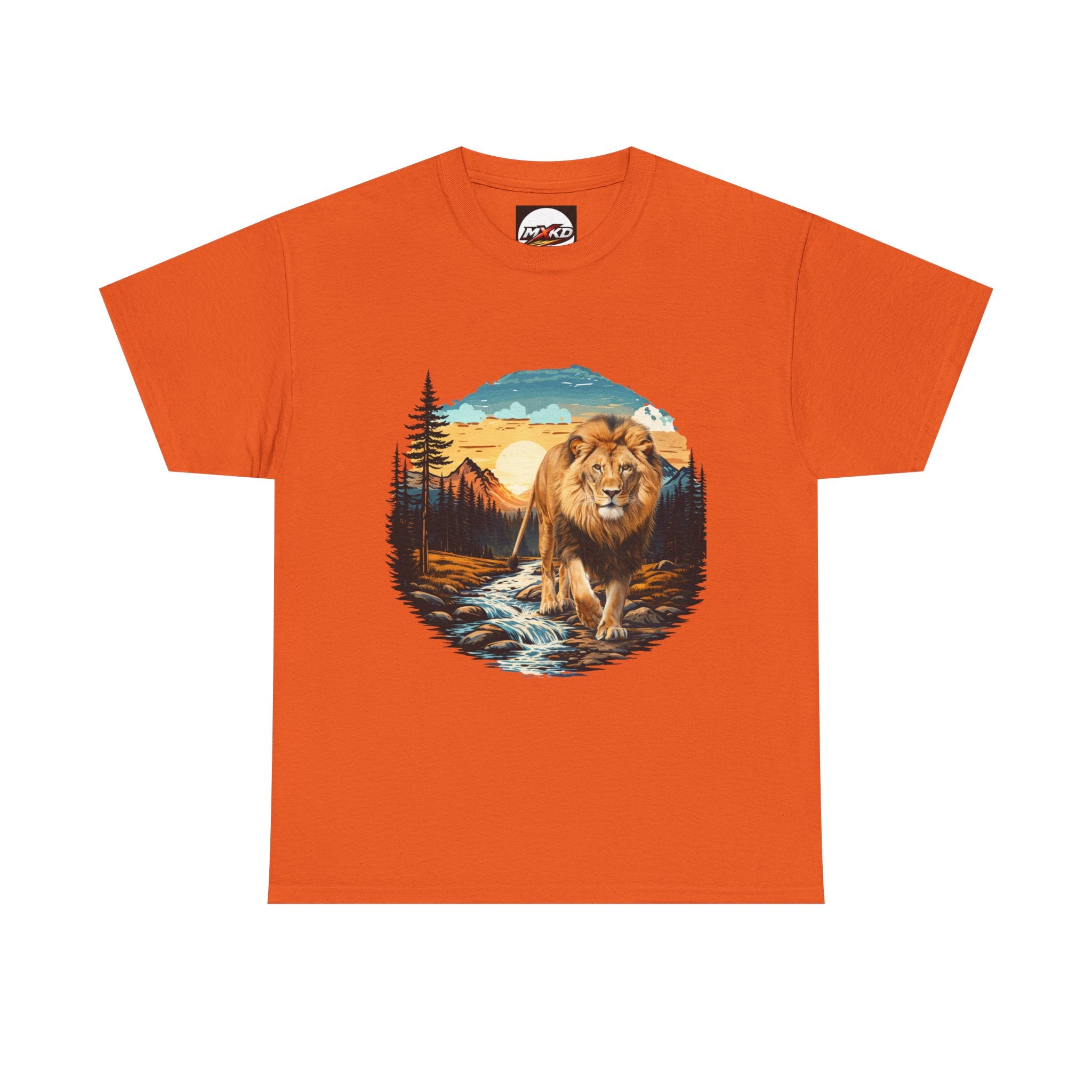 Lion in Wilderness Graphic Tee — Vintage Mountain Sunset T-Shirt
