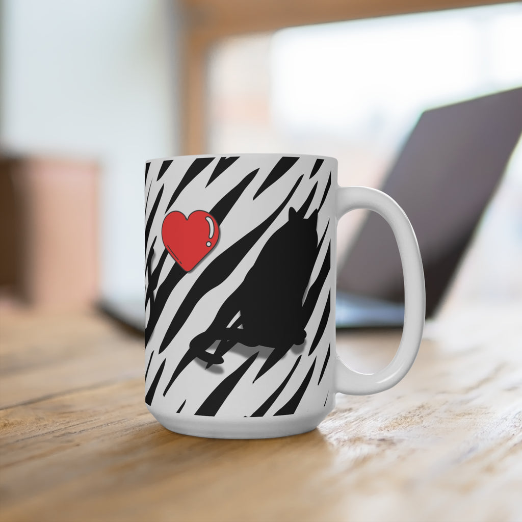 Cat Silhouette 15oz Mug — Zebra Print with Red Hearts, Cute Cat Lover Coffee Cup