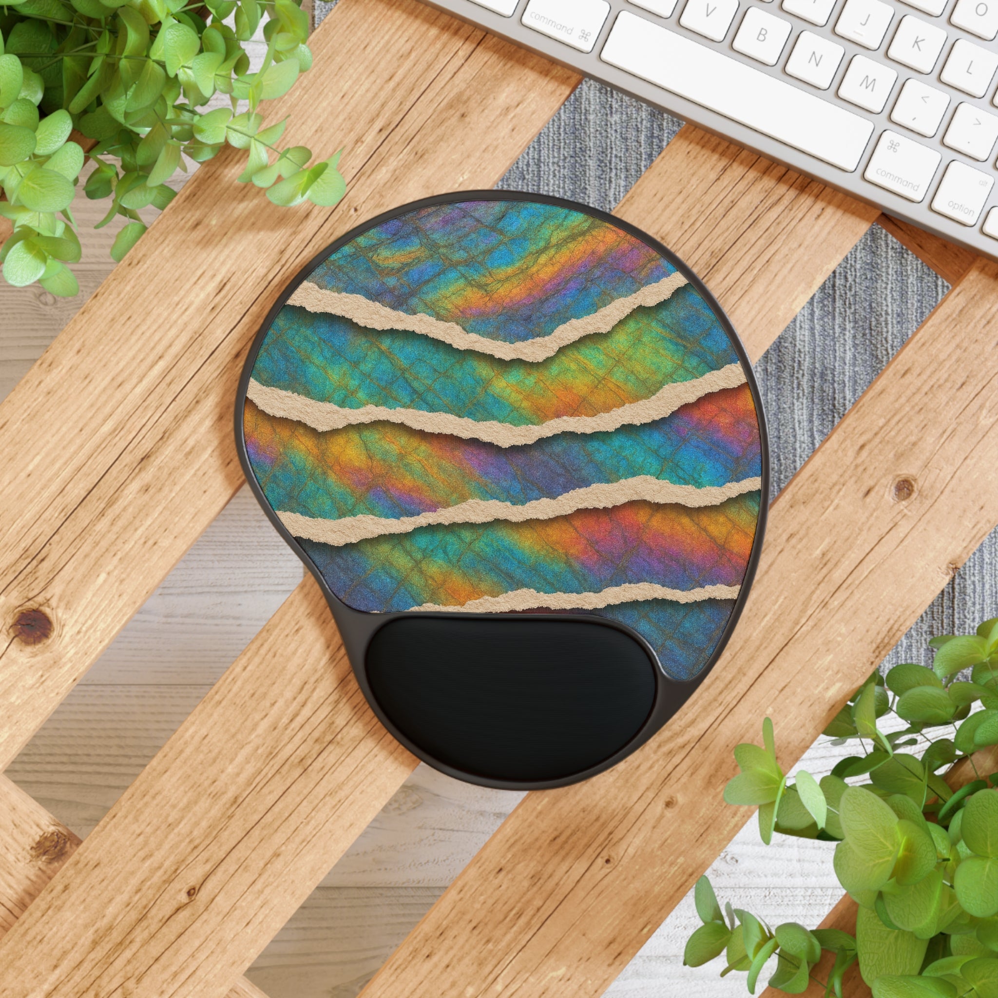 Abstract Rainbow Tear-Strip Mouse Pad with Ergonomic Wrist Rest