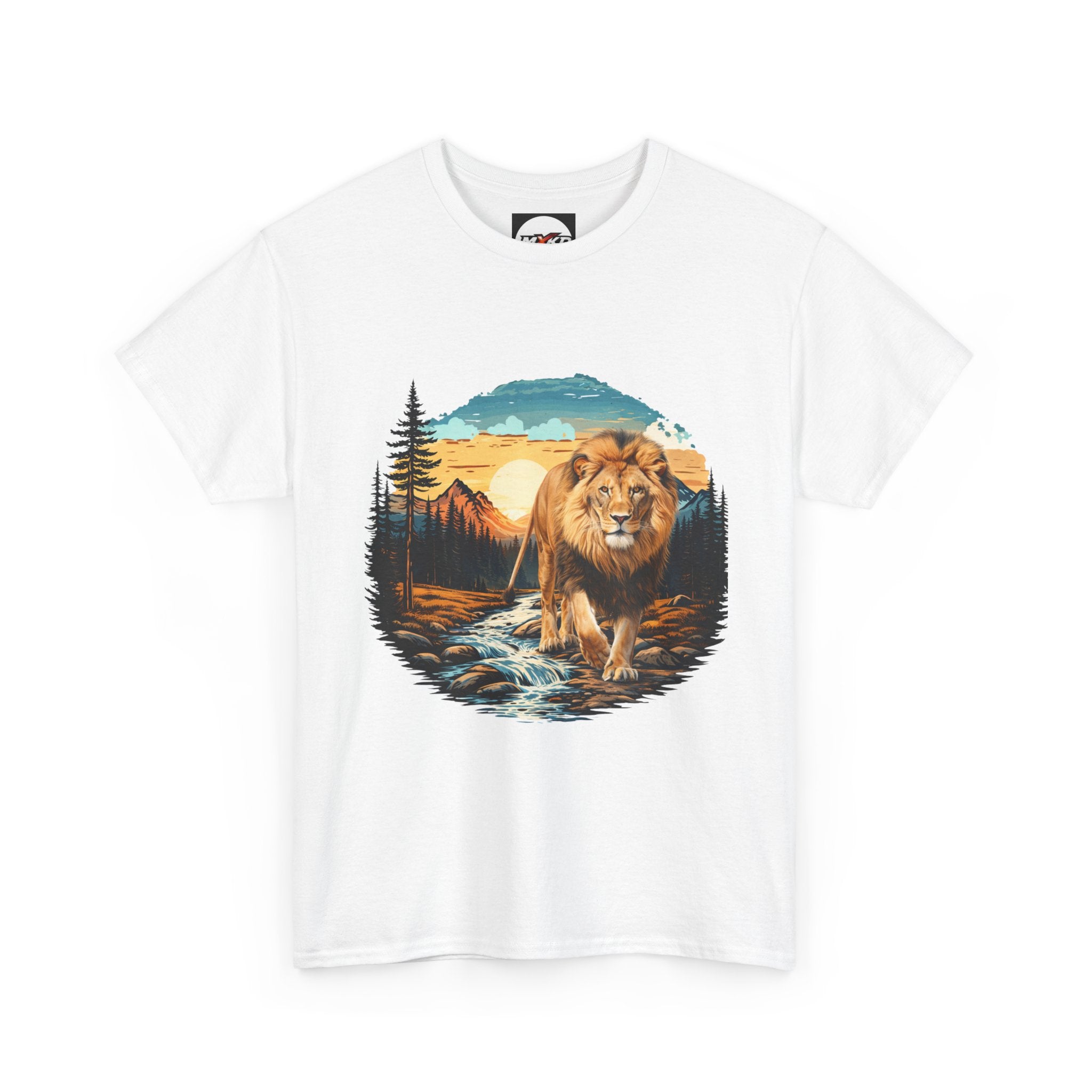 Lion in Wilderness Graphic Tee — Vintage Mountain Sunset T-Shirt