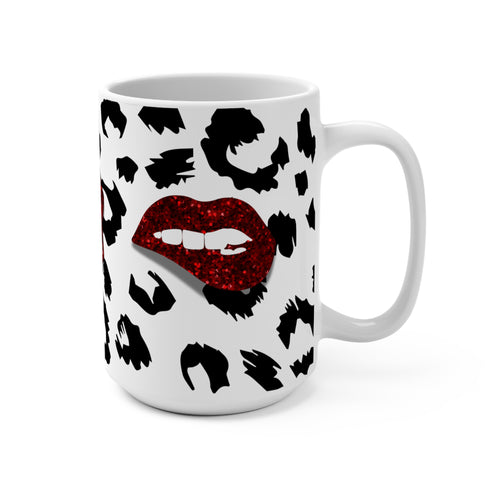 15oz Leopard Kiss Mug — Red Glitter Lips Coffee Cup