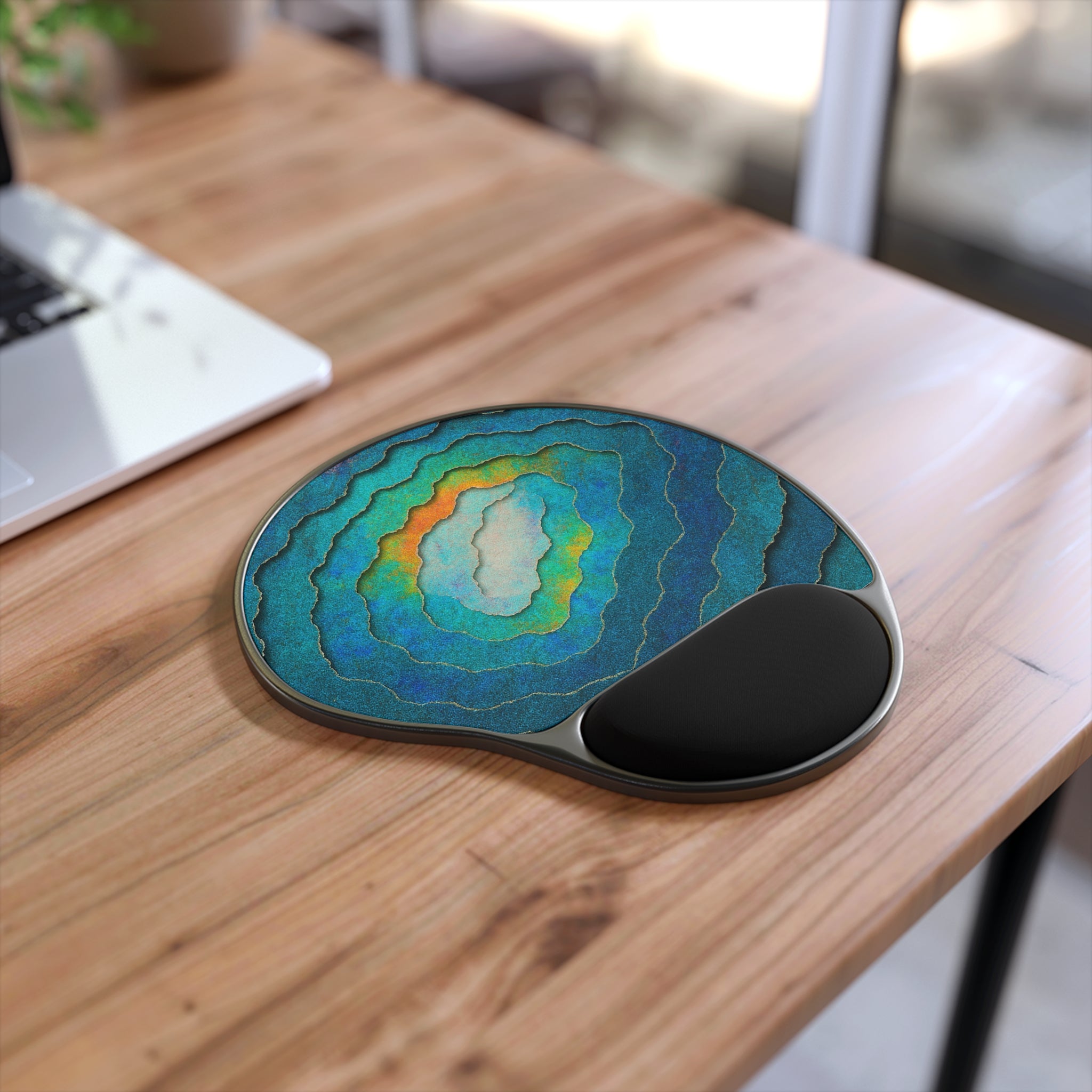 Geode Layers Mouse Pad with Ergonomic Wrist Rest — Blue Teal Desk Accessory