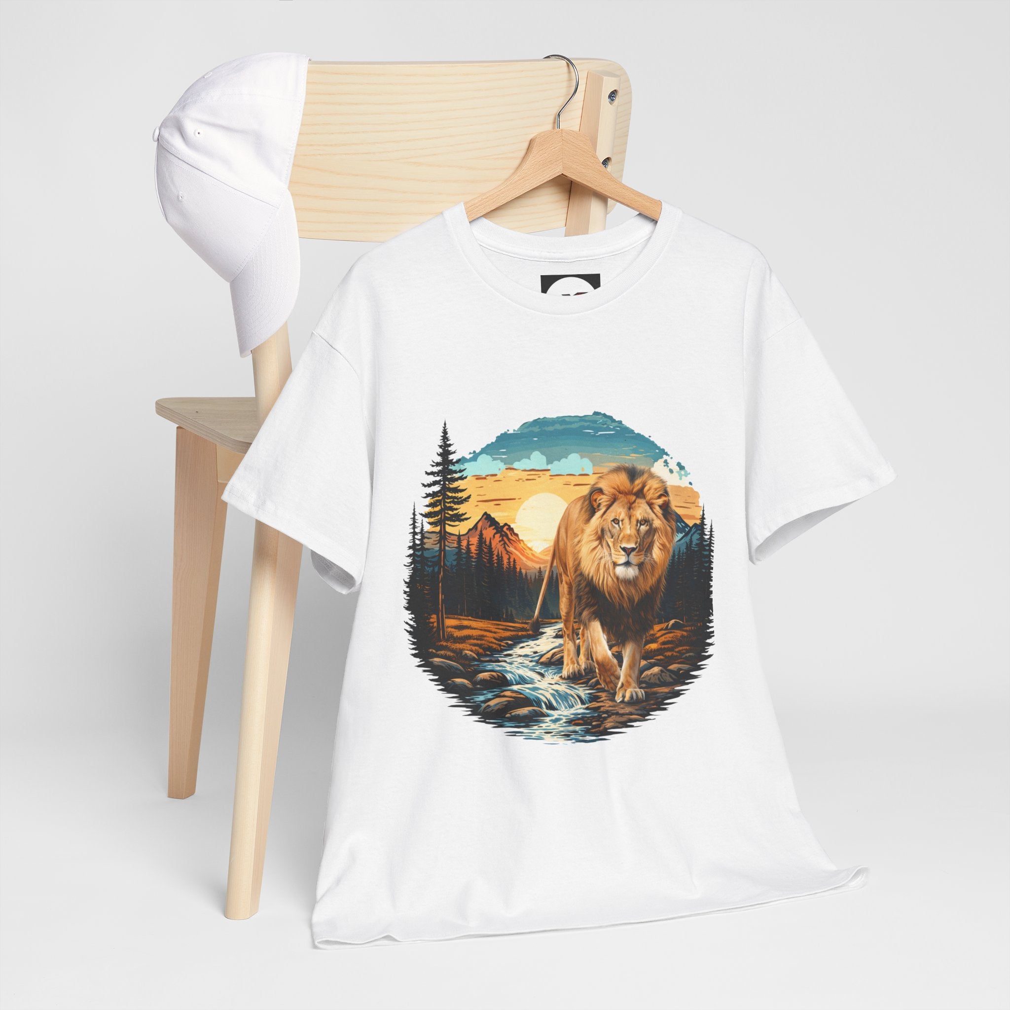 Lion in Wilderness Graphic Tee — Vintage Mountain Sunset T-Shirt