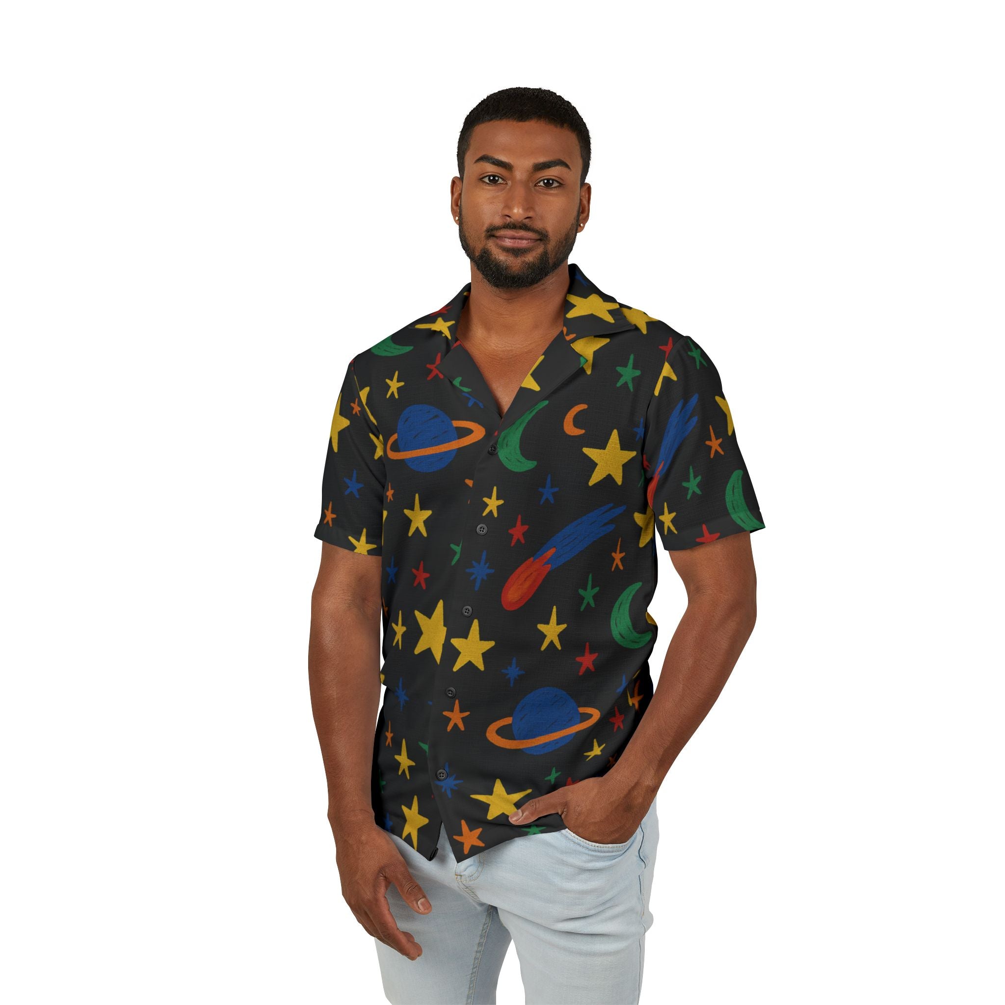 Cosmic Nights Hawaiian Shirt — Planet, Stars & Comet Print