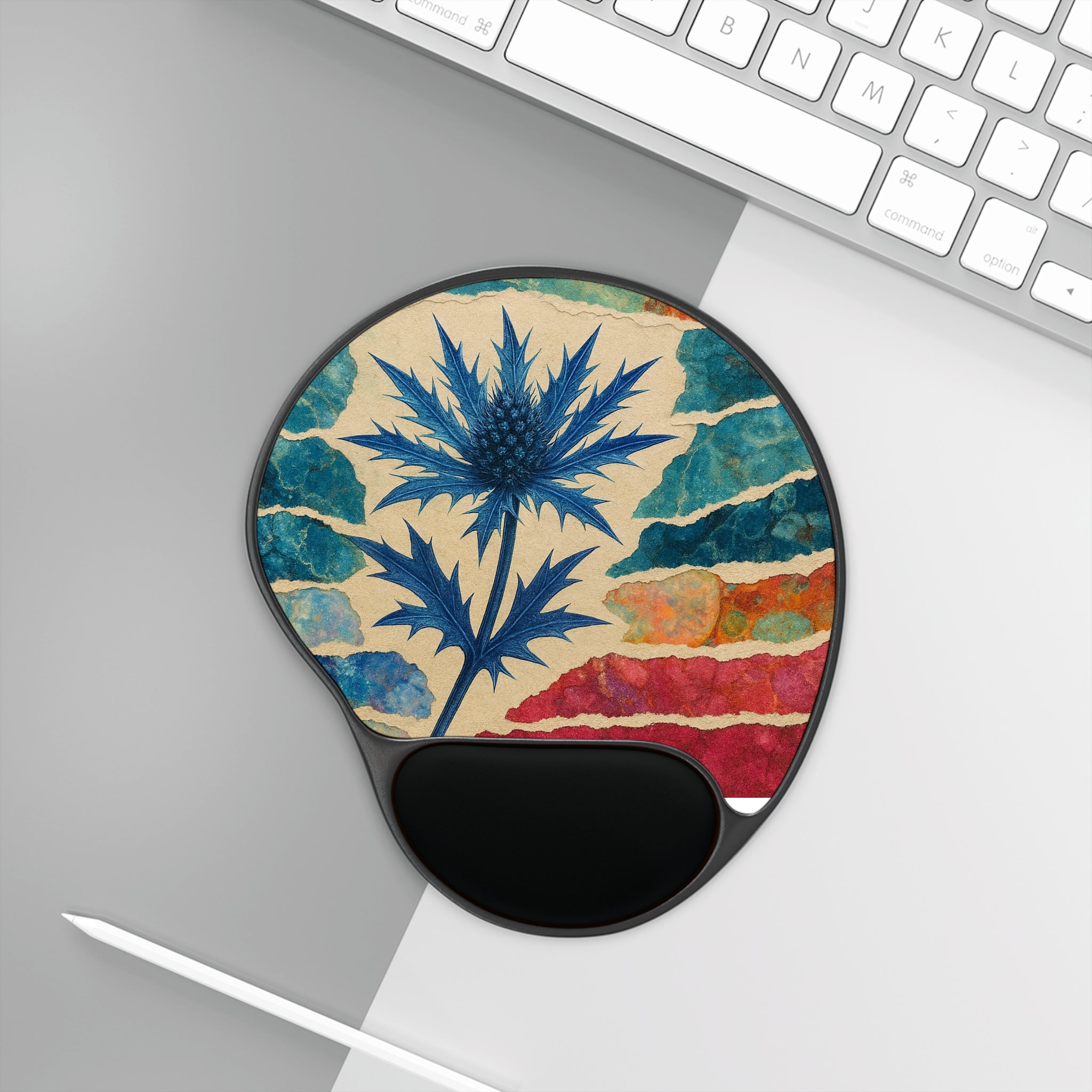 Blue Thistle Ergonomic Mouse Pad with Wrist Rest — Floral Desk Accessory