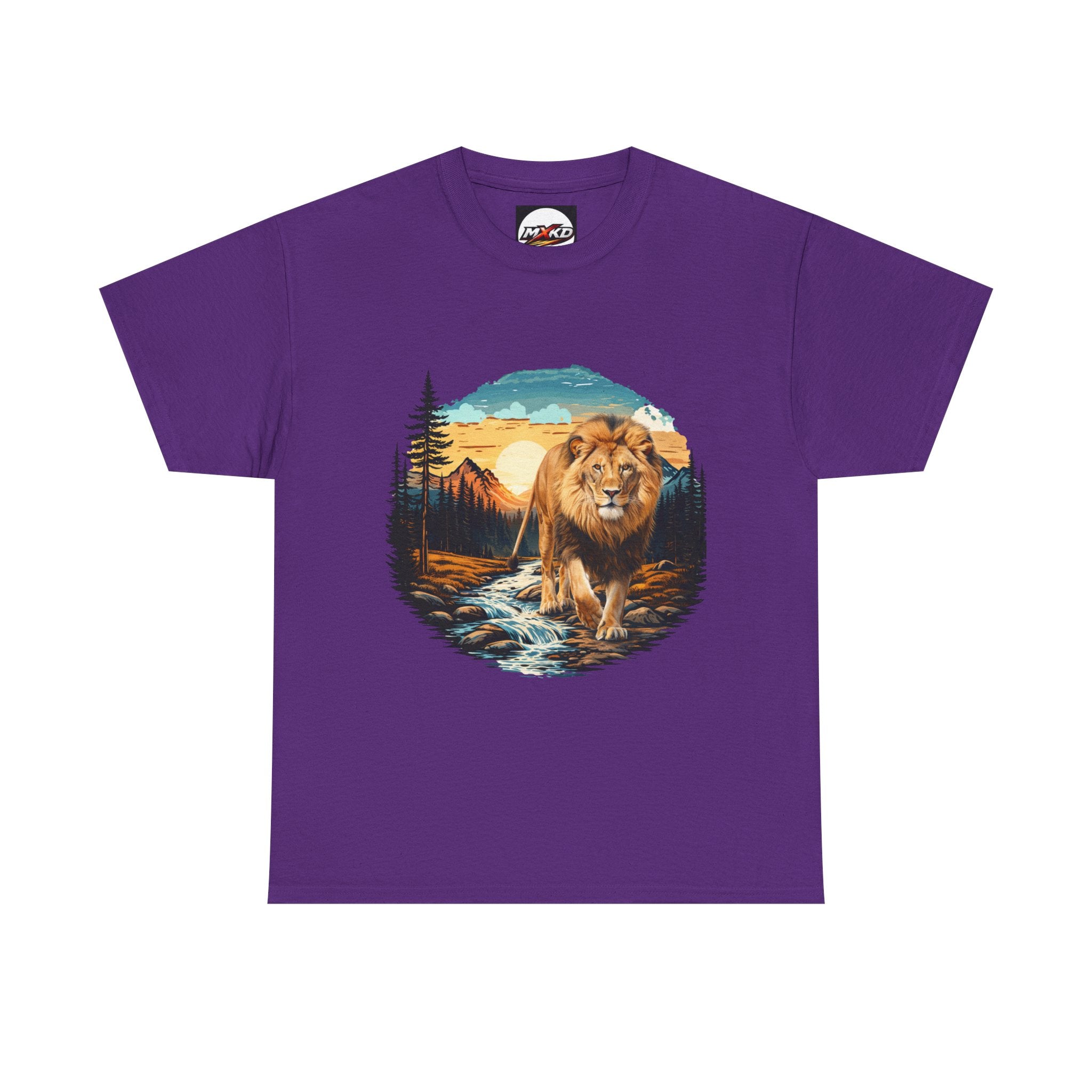 Lion in Wilderness Graphic Tee — Vintage Mountain Sunset T-Shirt