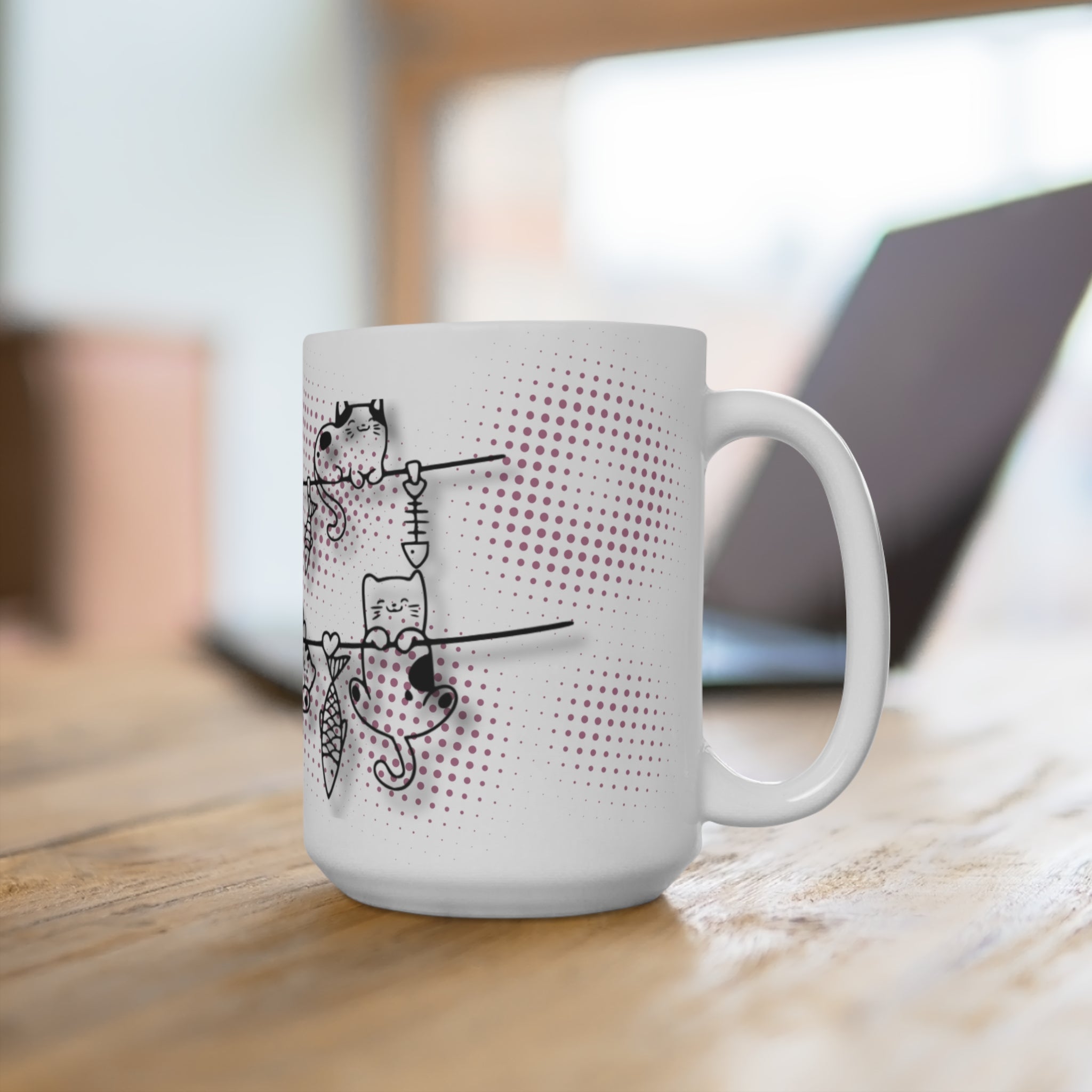 Cute Cats Clothesline 15oz Ceramic Mug — Whimsical Kitty Illustration