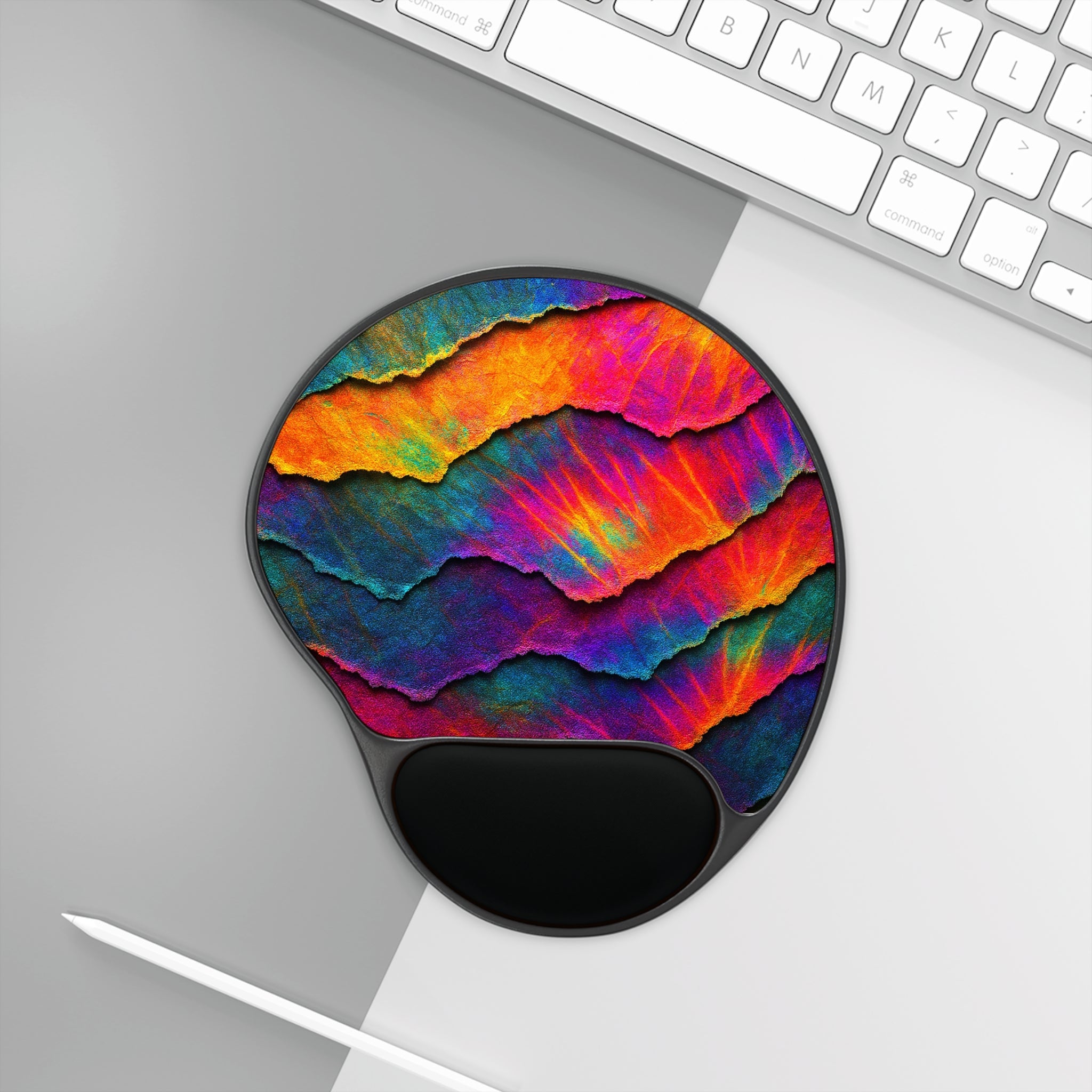 Abstract Rainbow Waves Mouse Pad with Wrist Rest — Ergonomic Gaming & Office Accessory