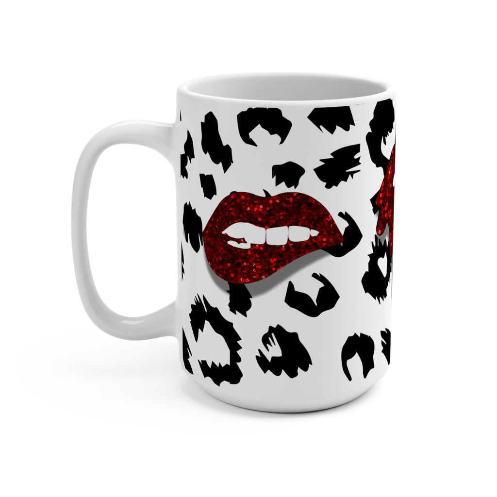 15oz Leopard Kiss Mug — Red Glitter Lips Coffee Cup