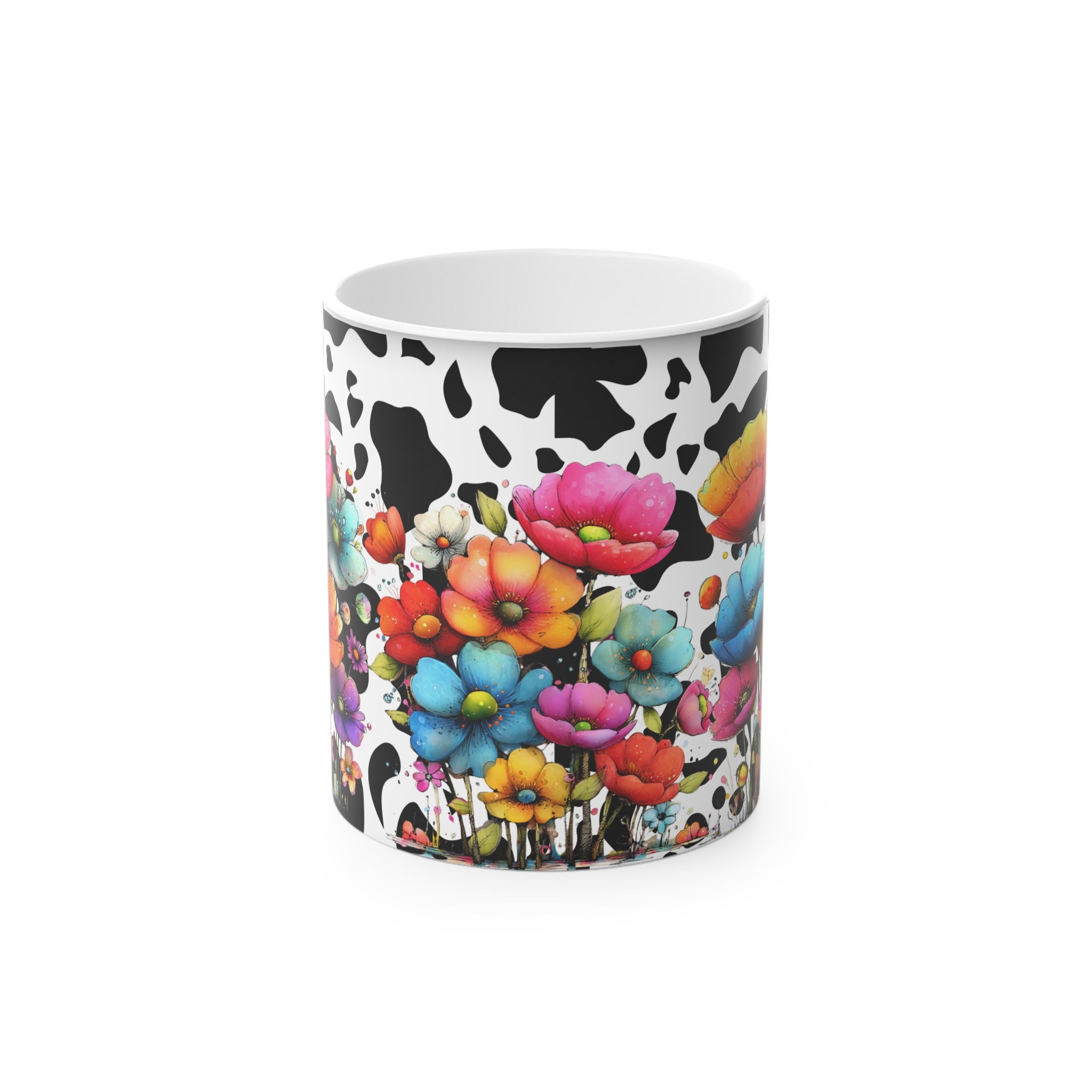 Colorful Floral Magic Mug — Cow Print Background