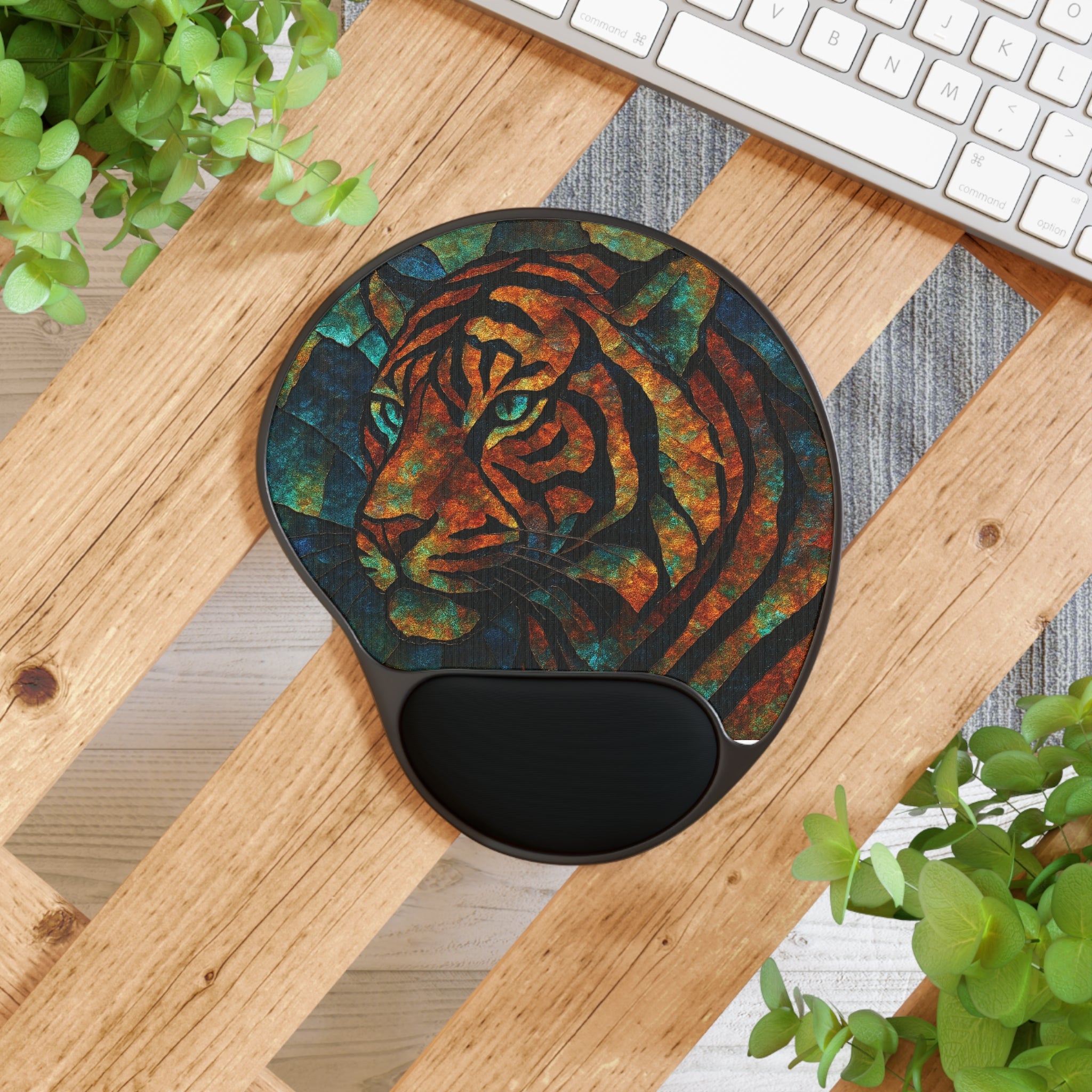 Tiger Stained-Glass Memory Foam Mouse Pad with Wrist Rest