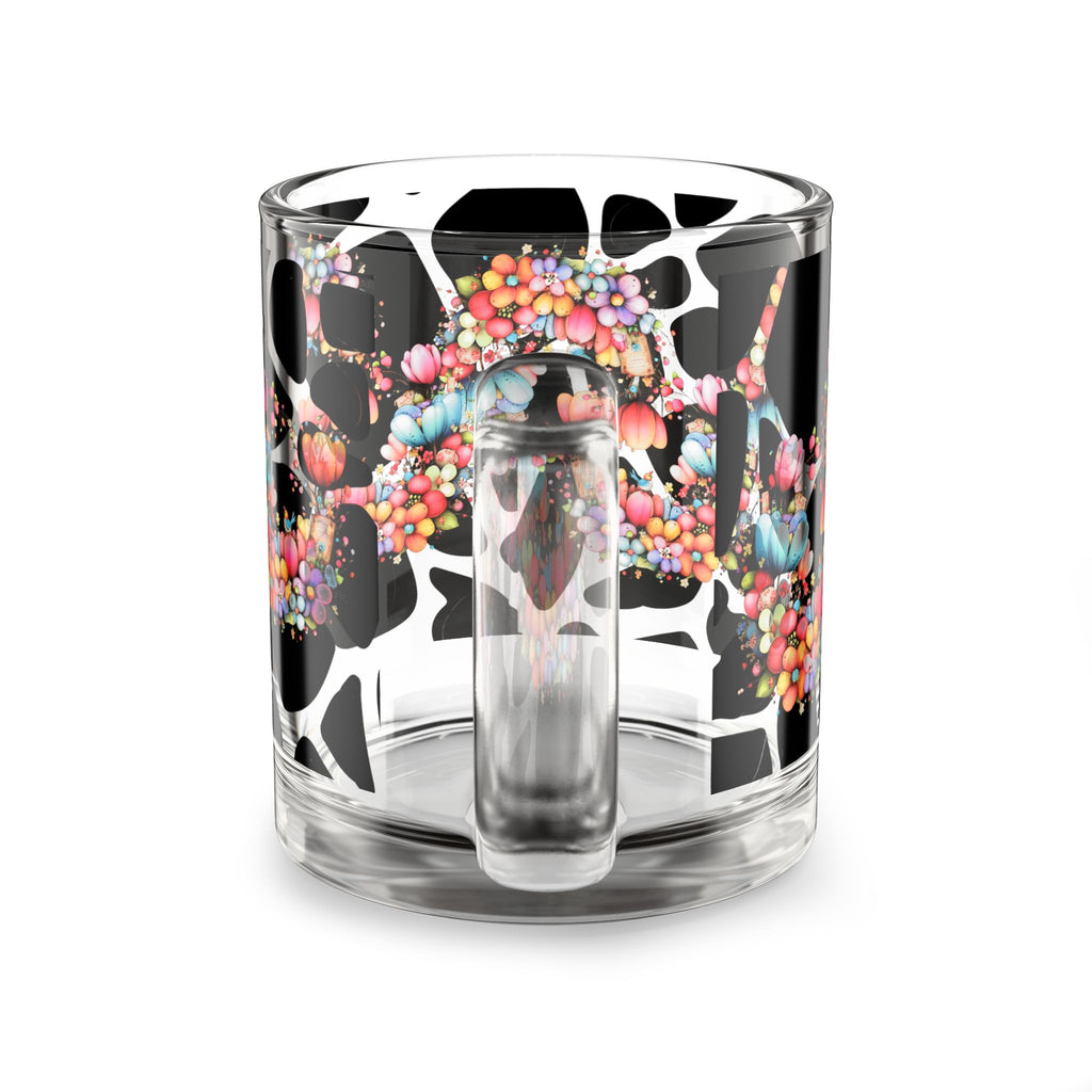 10oz Glass Mug — Colorful Floral Skull on Cow Print