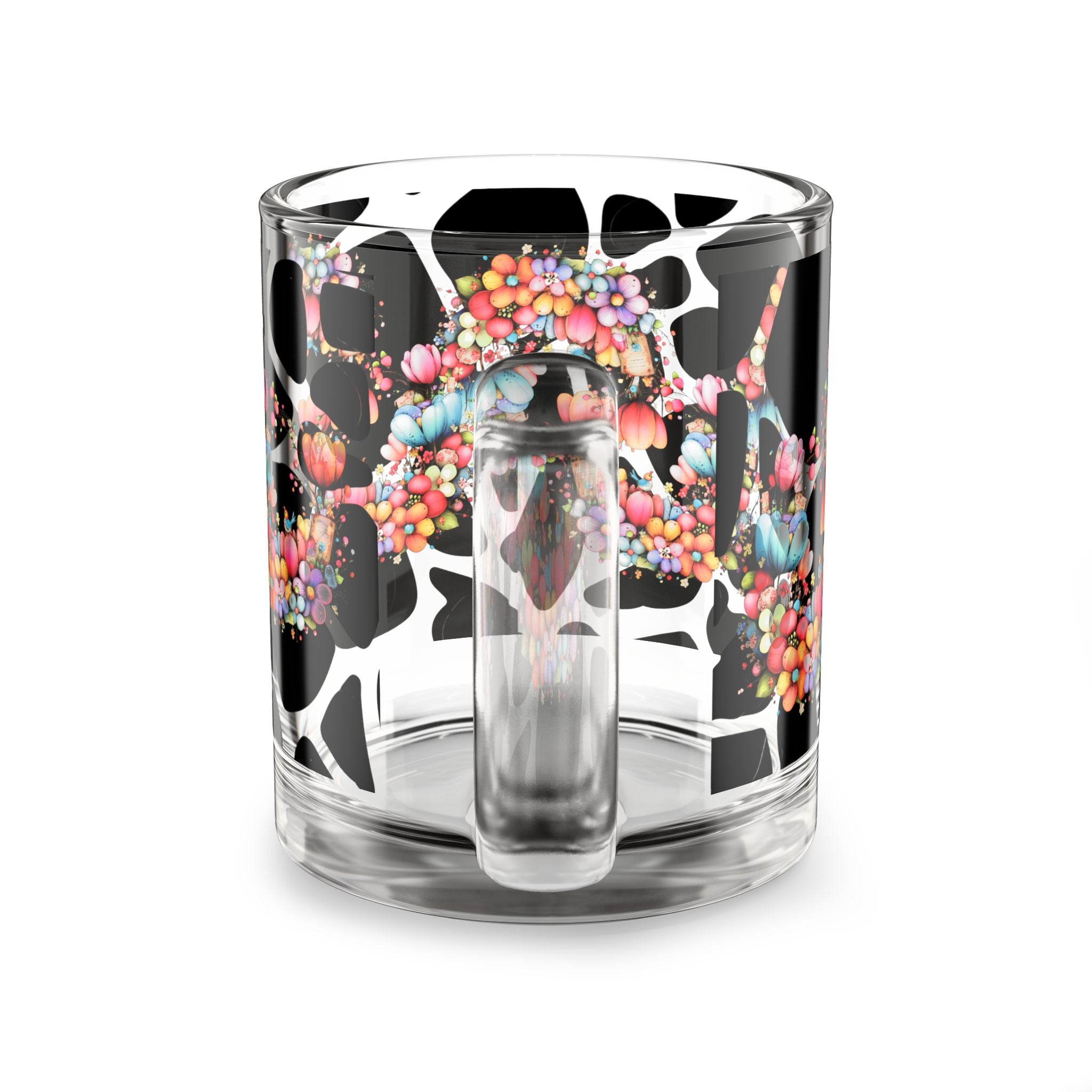 10oz Glass Mug — Colorful Floral Skull on Cow Print