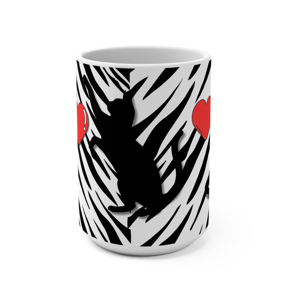 Cat Silhouette 15oz Mug — Zebra Print with Red Hearts, Cute Cat Lover Coffee Cup