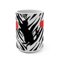 Cat Silhouette 15oz Mug — Zebra Print with Red Hearts, Cute Cat Lover Coffee Cup