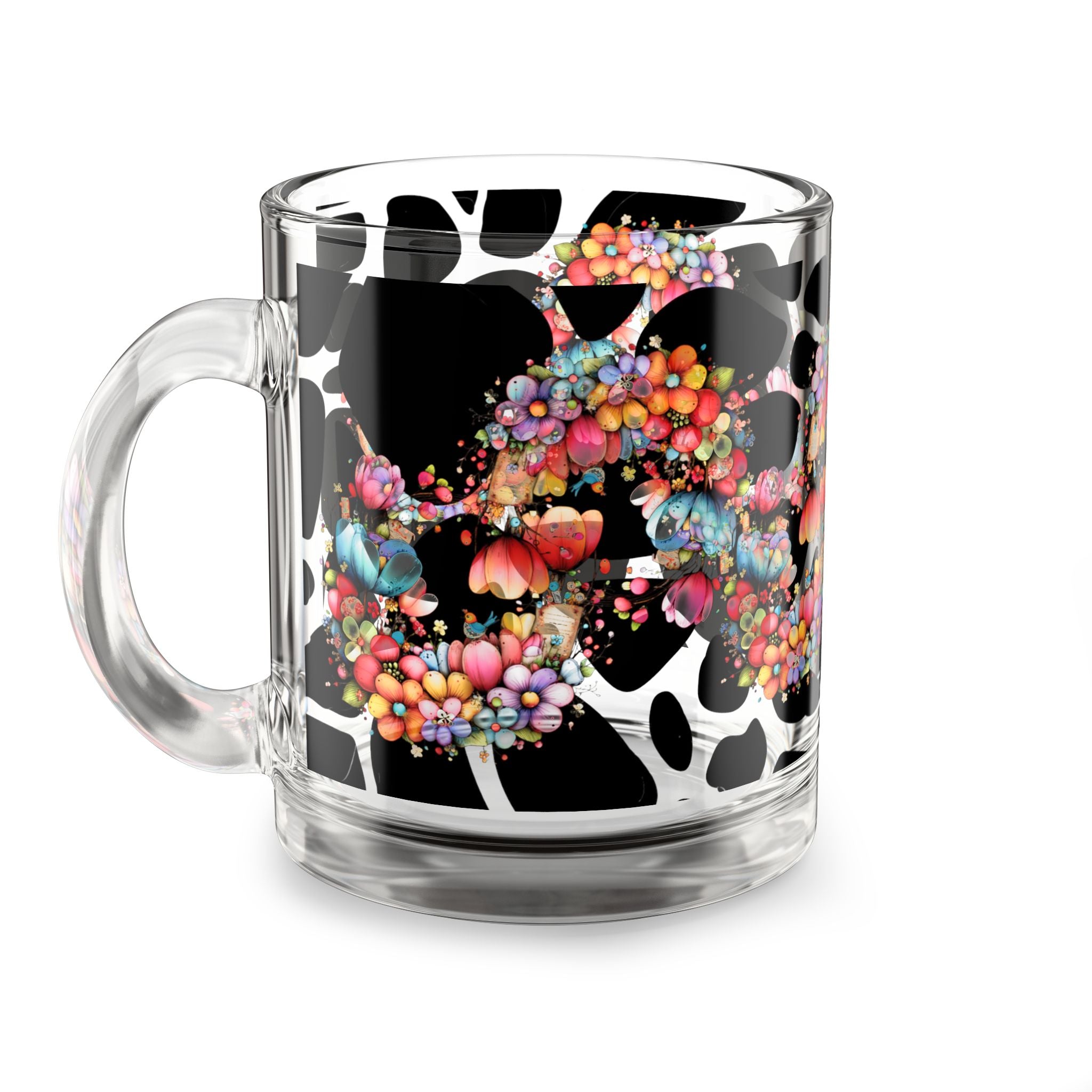10oz Glass Mug — Colorful Floral Skull on Cow Print