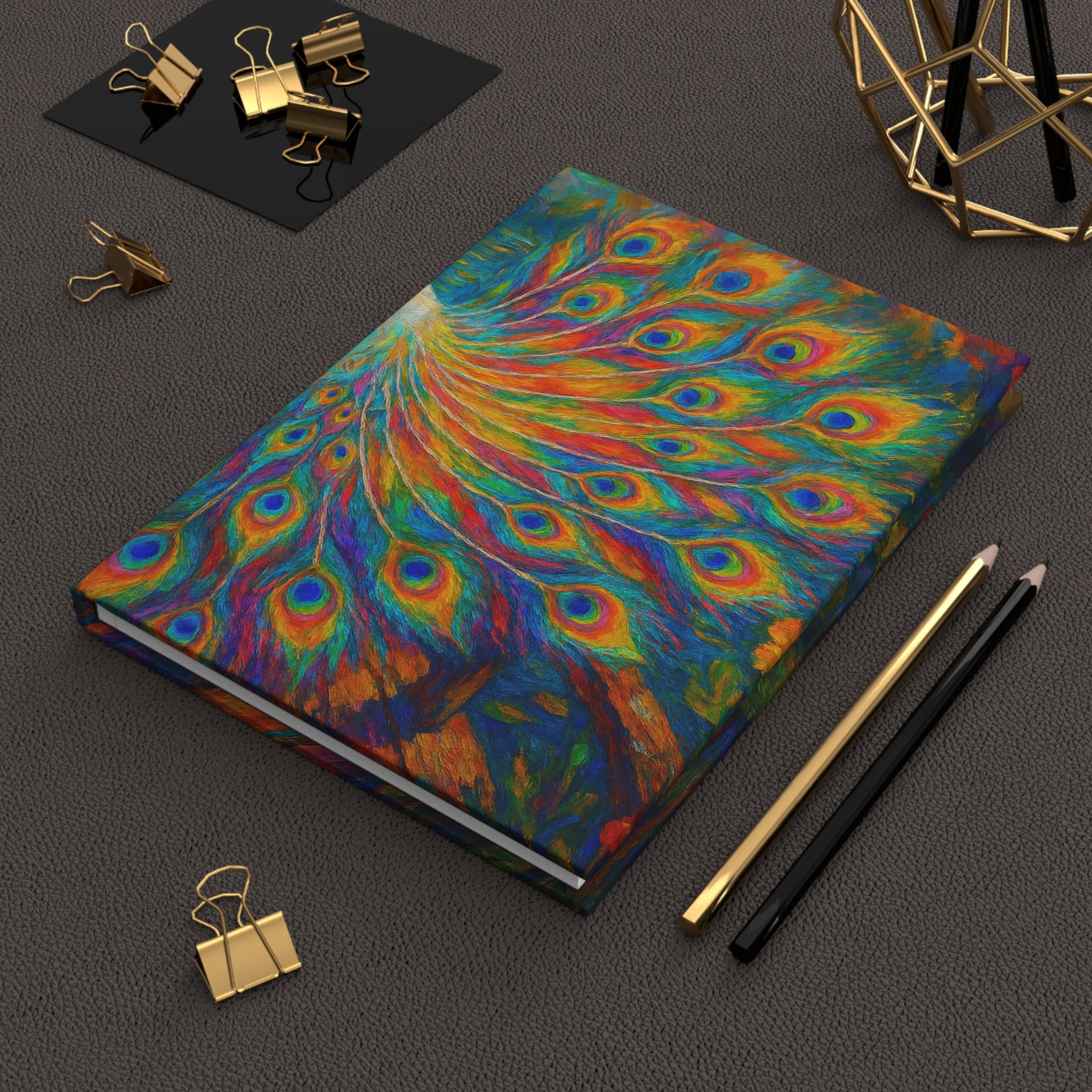 Peacock Pond Hardcover Journal — Colorful Peacock & Lily Pad Art Notebook