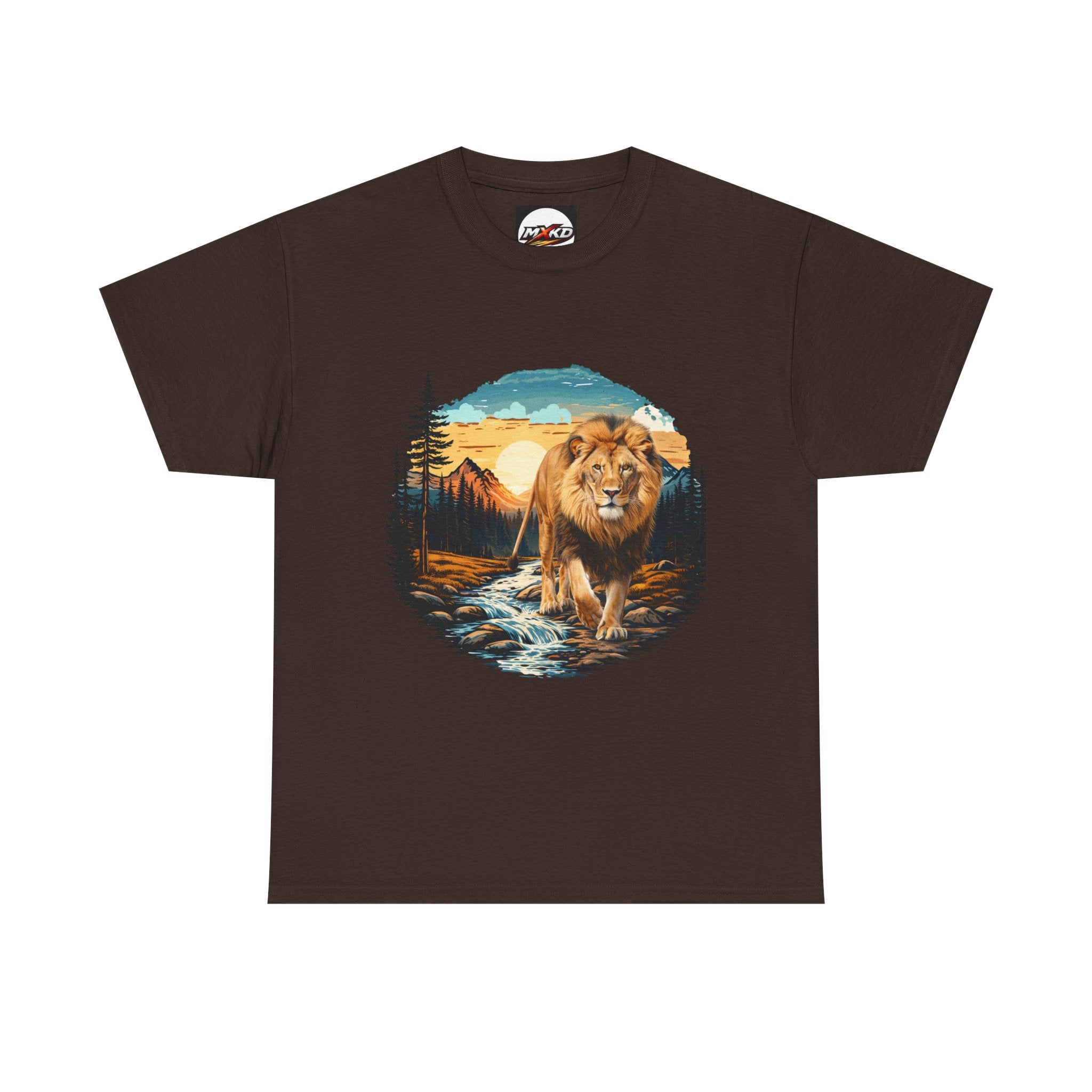 Lion in Wilderness Graphic Tee — Vintage Mountain Sunset T-Shirt