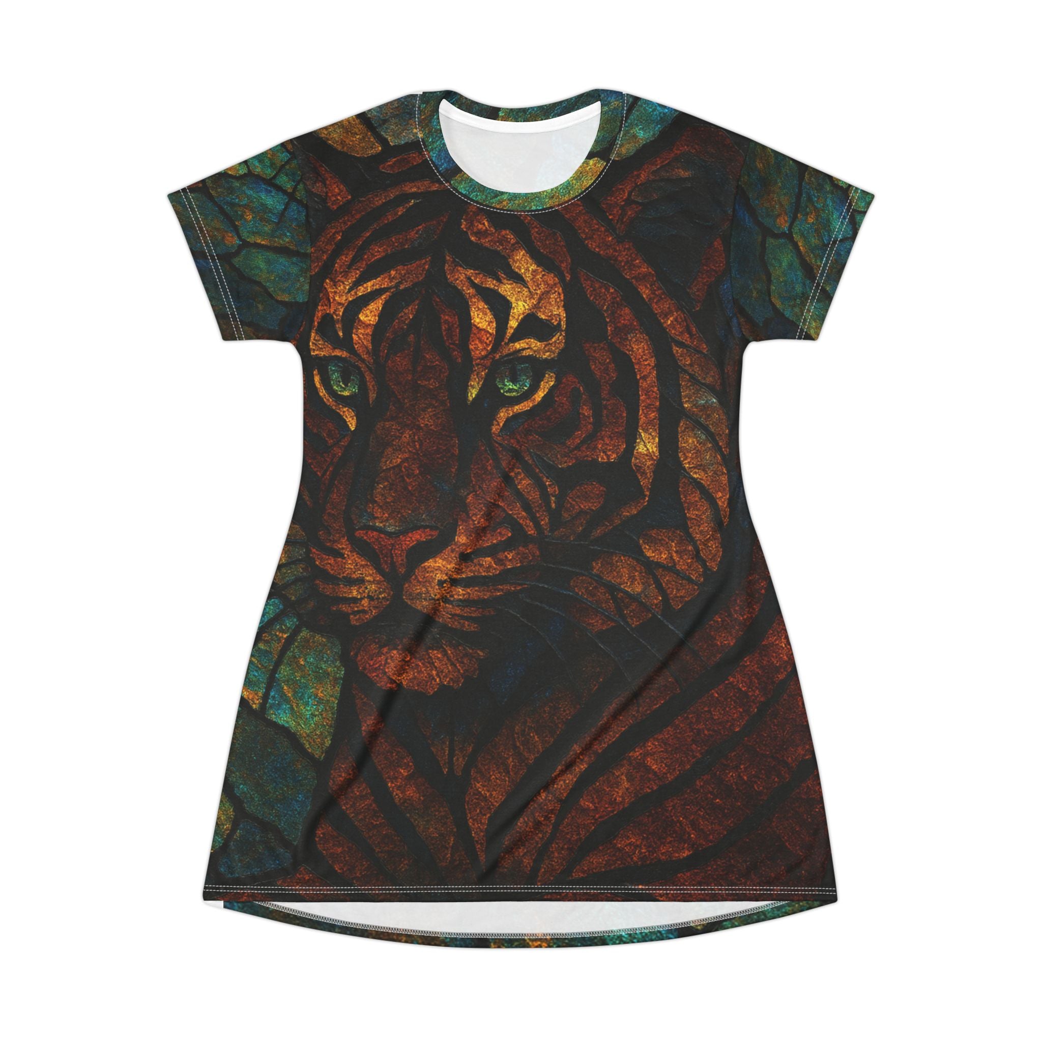 Tiger Mosaic T-Shirt Dress — Stained-Glass Style Animal Print