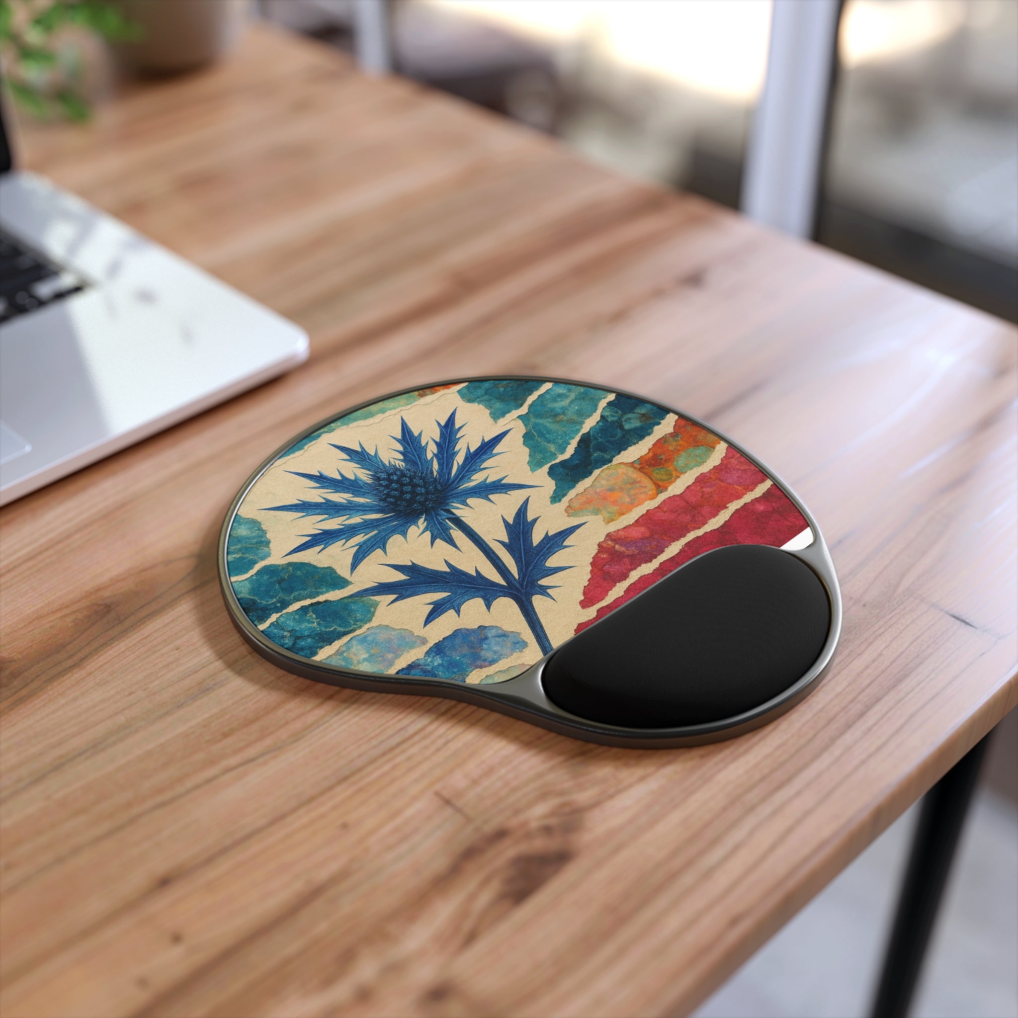 Blue Thistle Ergonomic Mouse Pad with Wrist Rest — Floral Desk Accessory