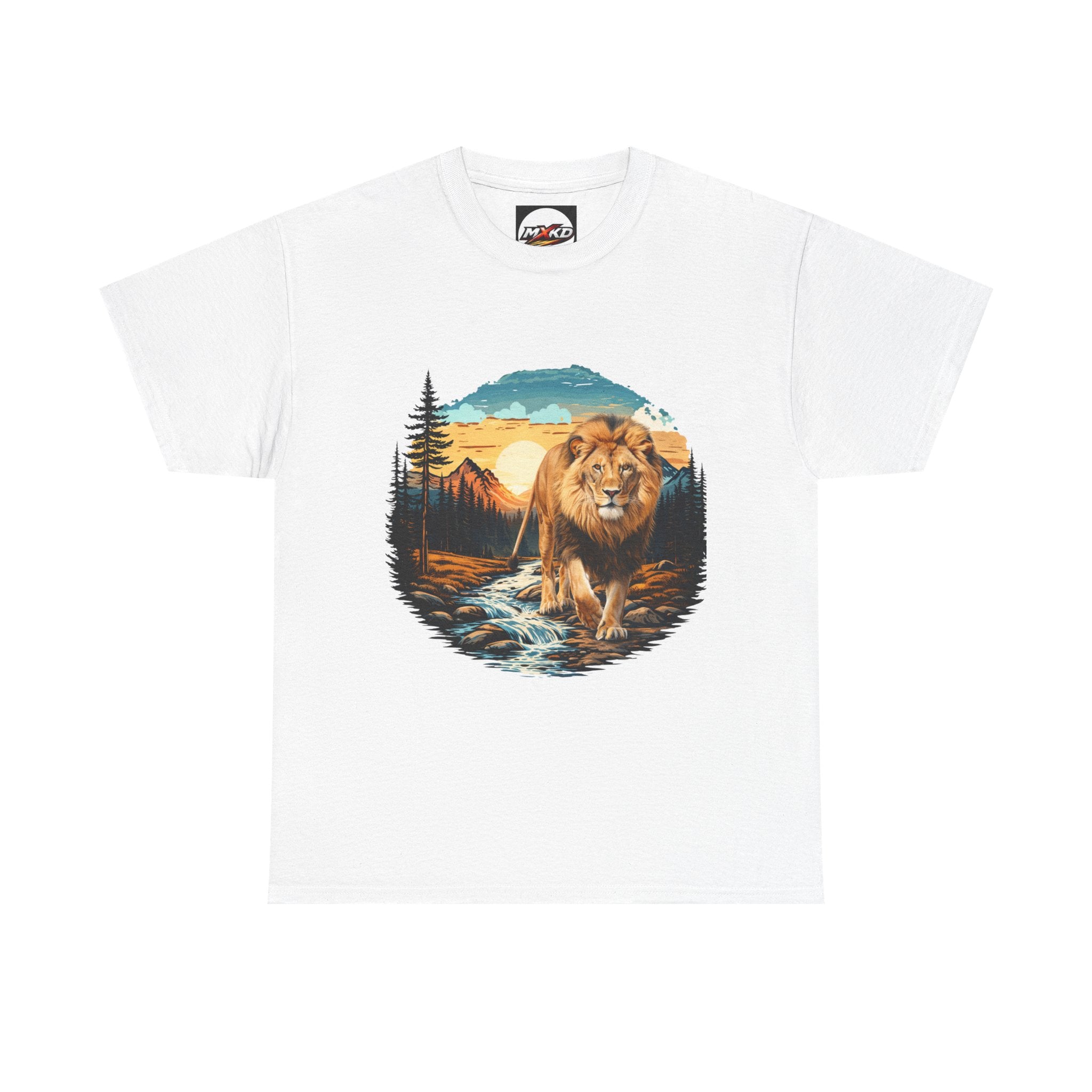 Lion in Wilderness Graphic Tee — Vintage Mountain Sunset T-Shirt