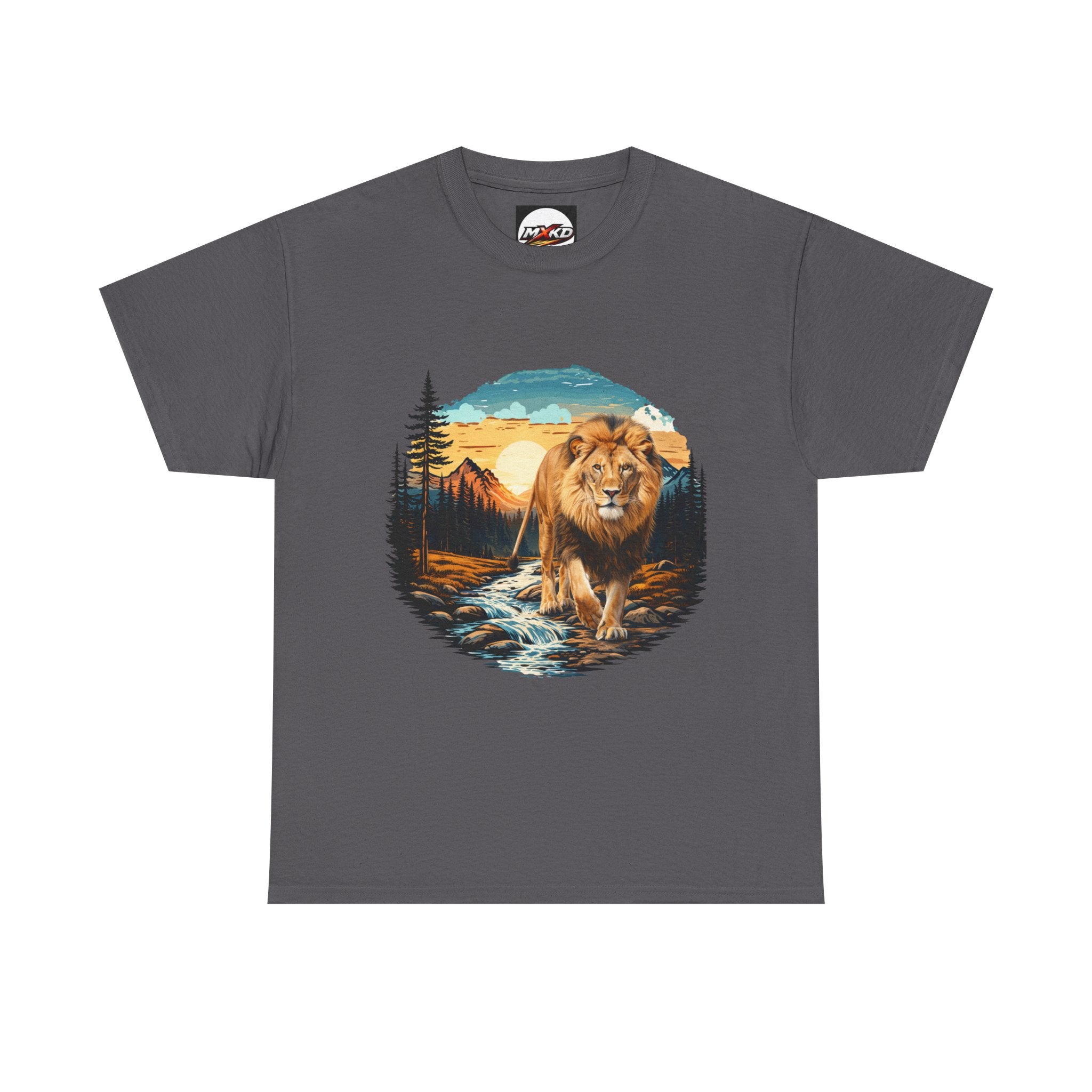 Lion in Wilderness Graphic Tee — Vintage Mountain Sunset T-Shirt