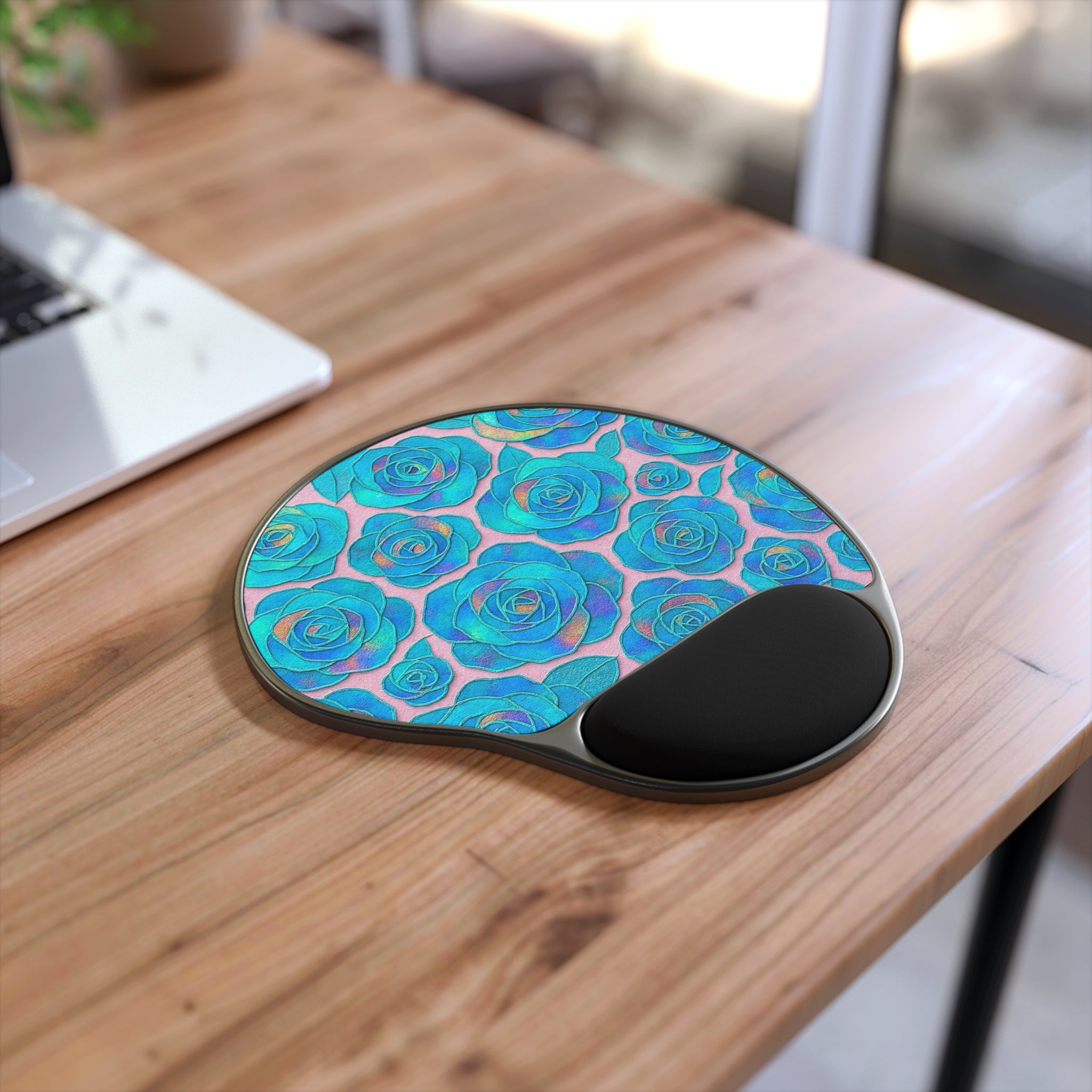 Blue Teal Rose Mouse Pad with Ergonomic Wrist Rest — Floral Ergonomic Desk Pad