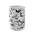 15oz Sketch Doodle Mug — Black Bat & Handwritten Notes Pattern