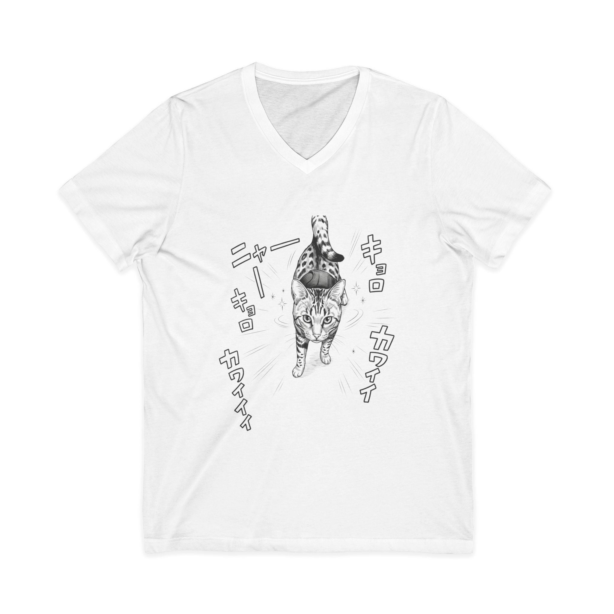 Cute Manga Cat V-Neck Tee — "Kawaii" Japanese Cat Illustration