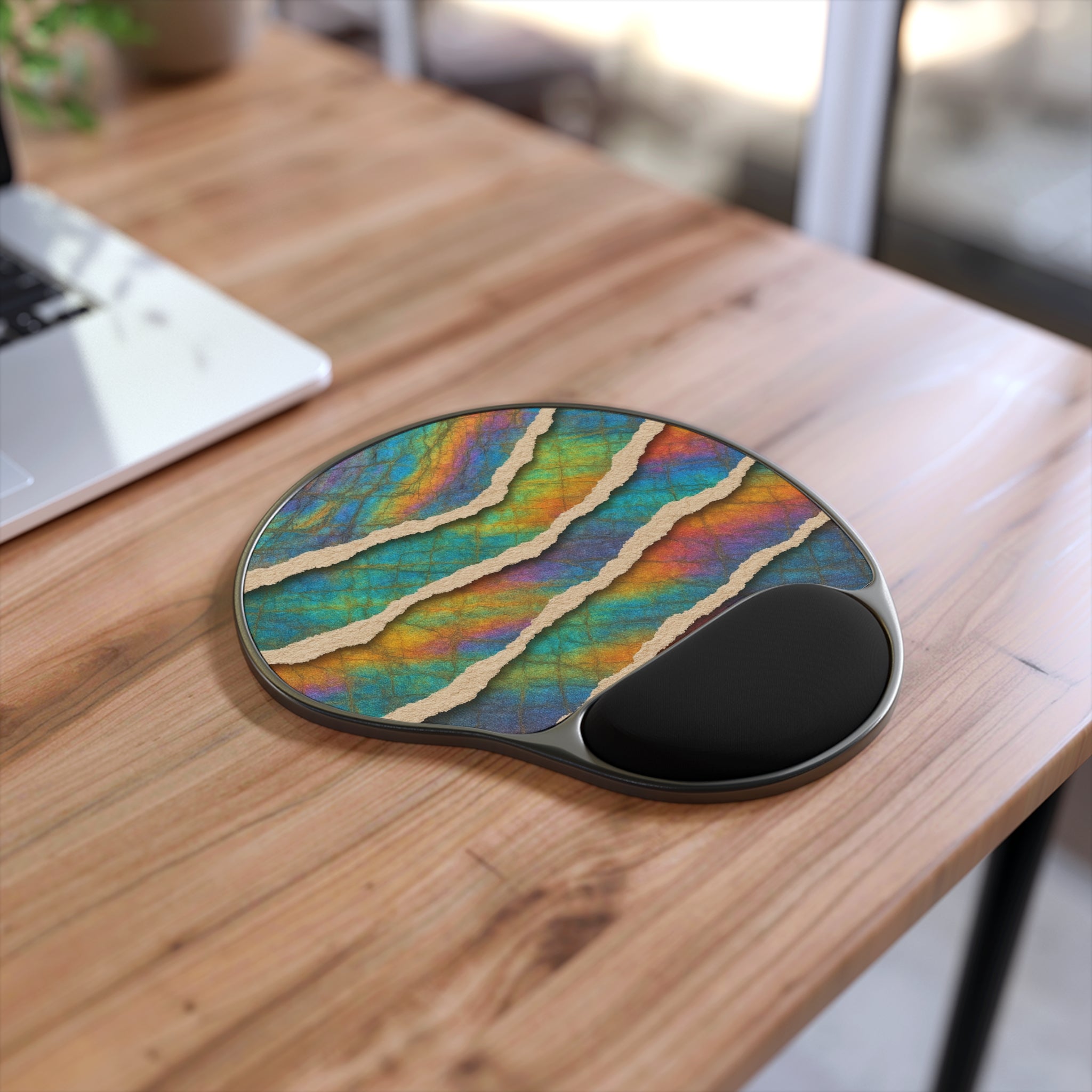 Abstract Rainbow Tear-Strip Mouse Pad with Ergonomic Wrist Rest