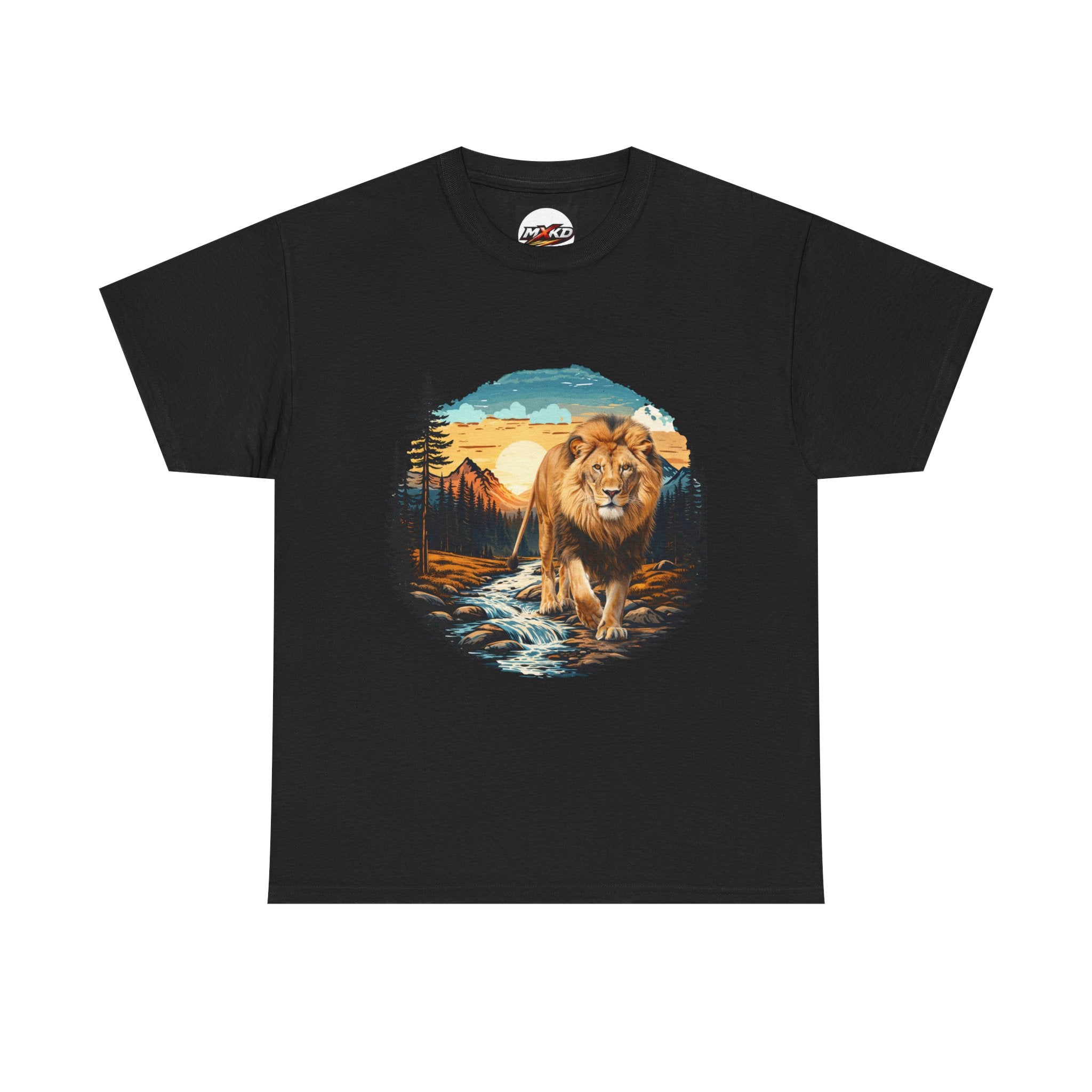 Lion in Wilderness Graphic Tee — Vintage Mountain Sunset T-Shirt