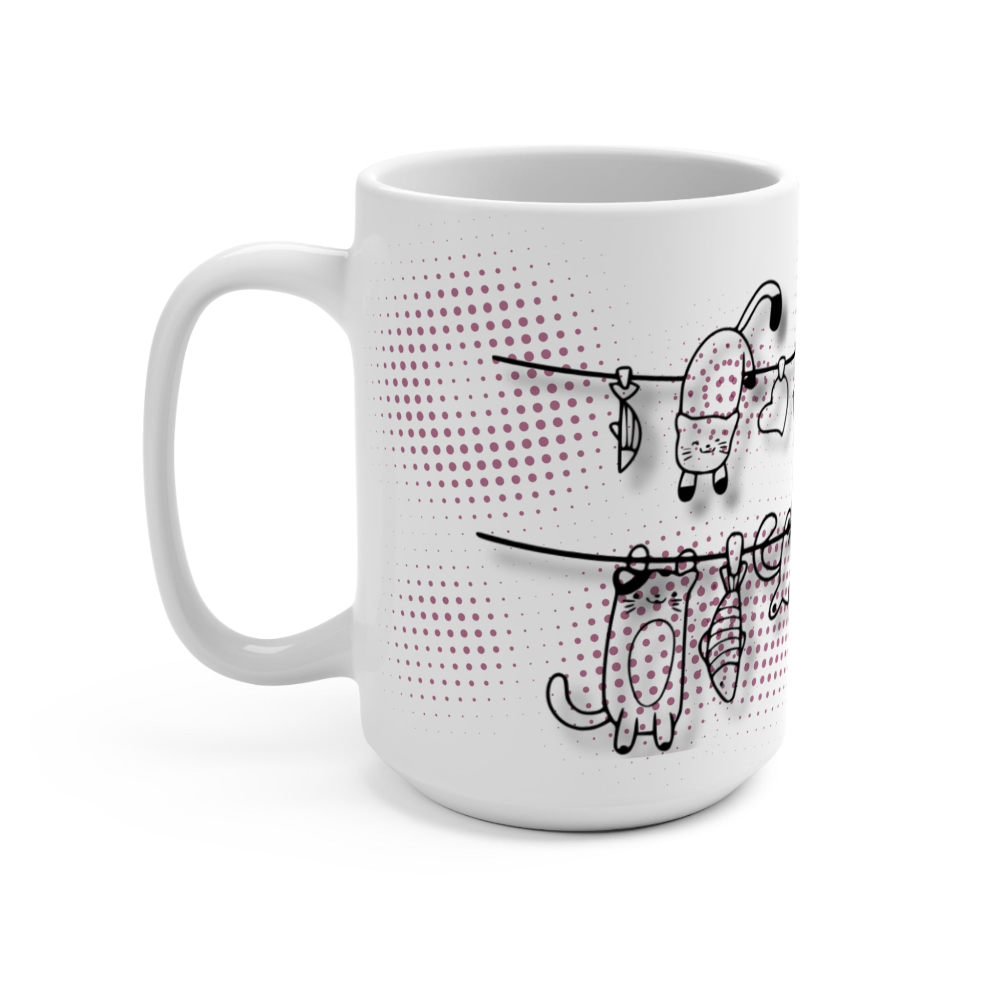 Cute Cats Clothesline 15oz Ceramic Mug — Whimsical Kitty Illustration