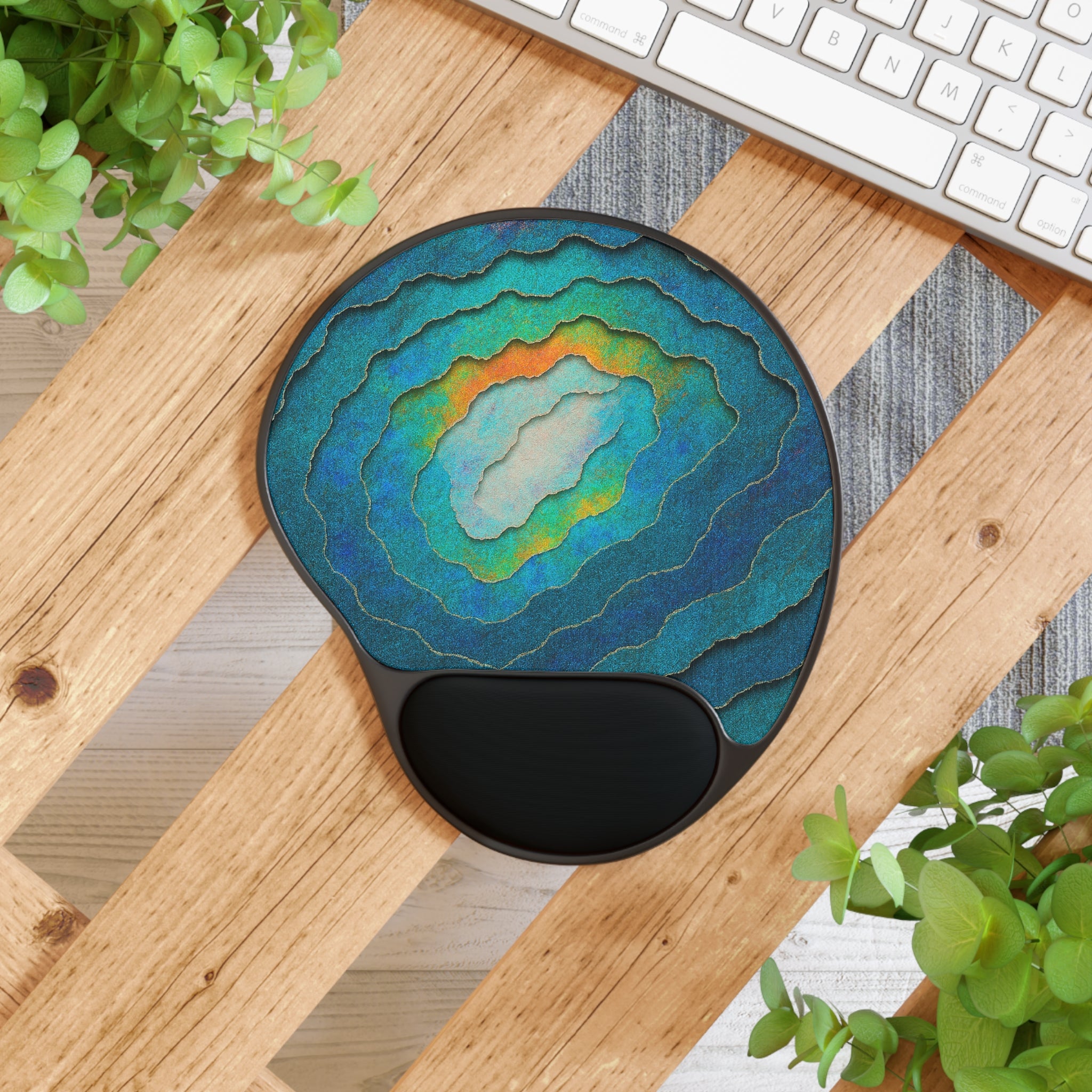 Geode Layers Mouse Pad with Ergonomic Wrist Rest — Blue Teal Desk Accessory