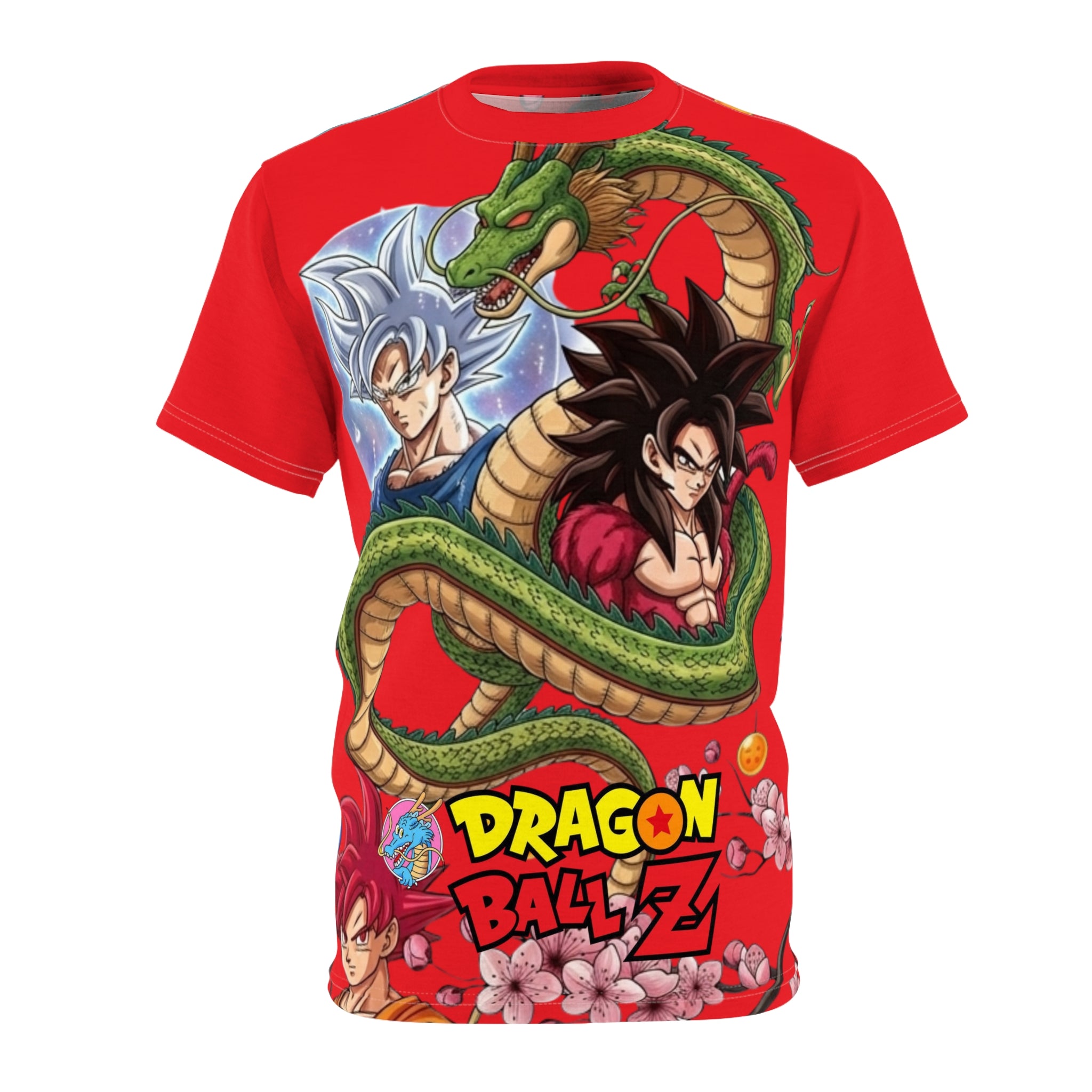 Dragon Ball Z Red Crewneck Tee – Goku, Shenron & Sakura All-Over Print