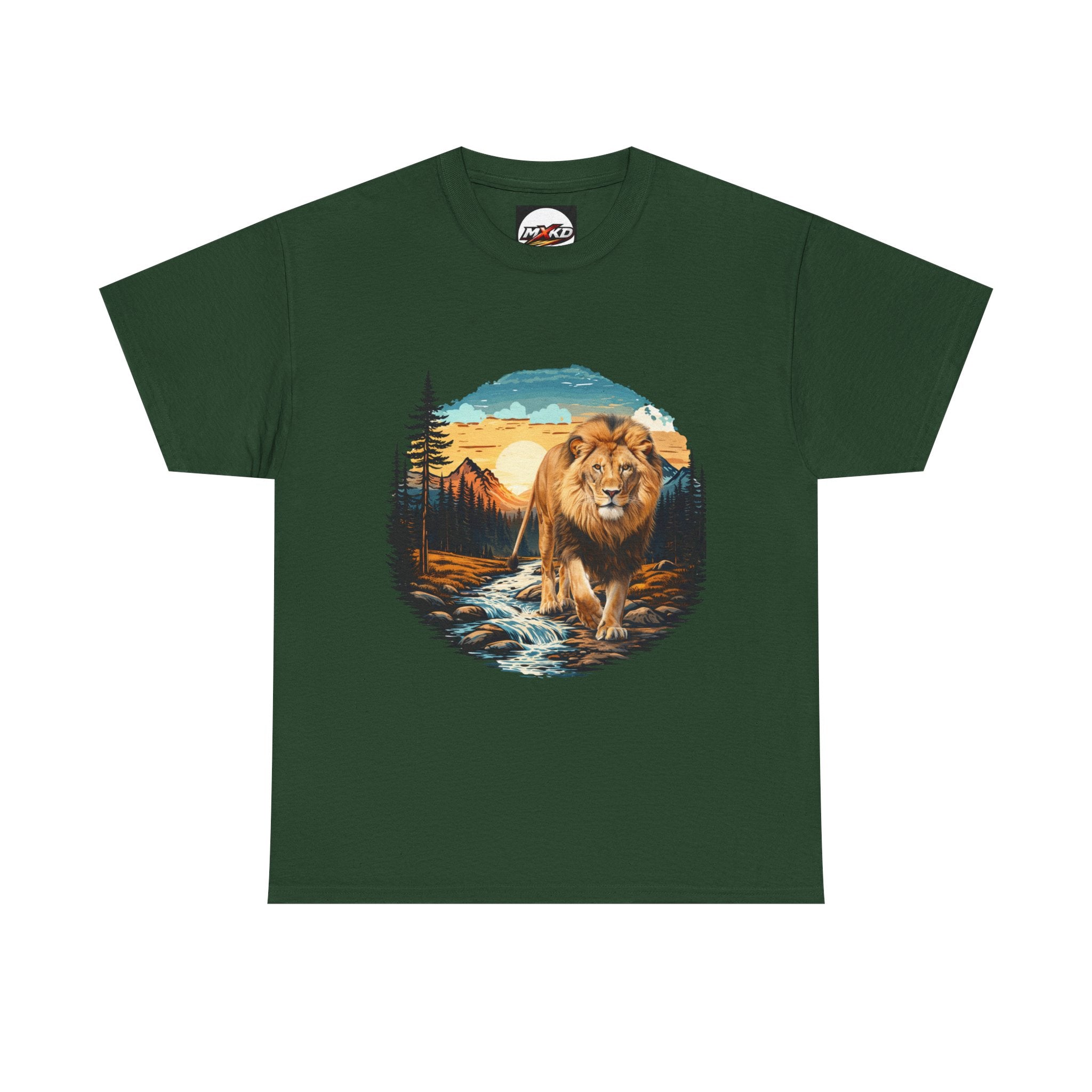Lion in Wilderness Graphic Tee — Vintage Mountain Sunset T-Shirt