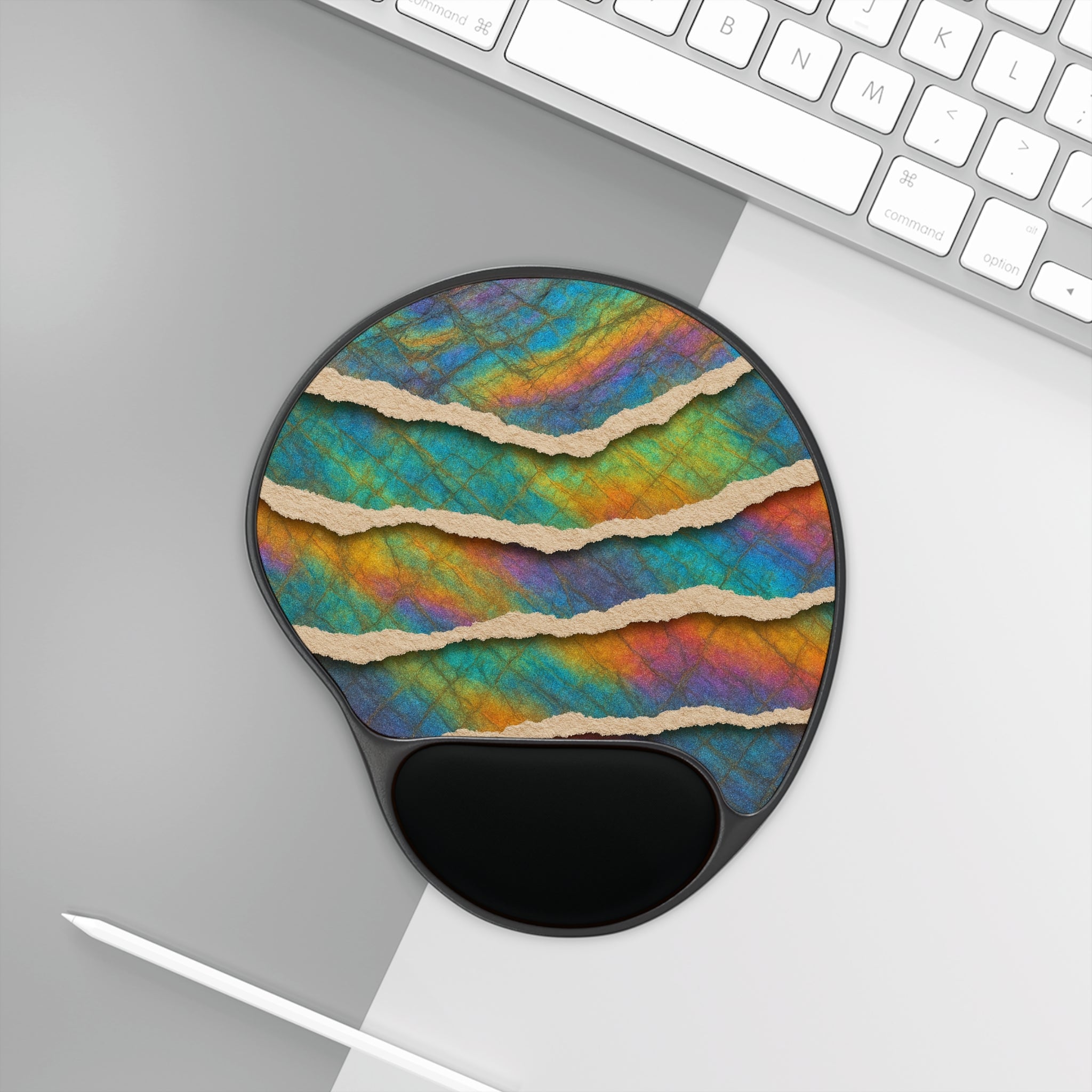 Abstract Rainbow Tear-Strip Mouse Pad with Ergonomic Wrist Rest