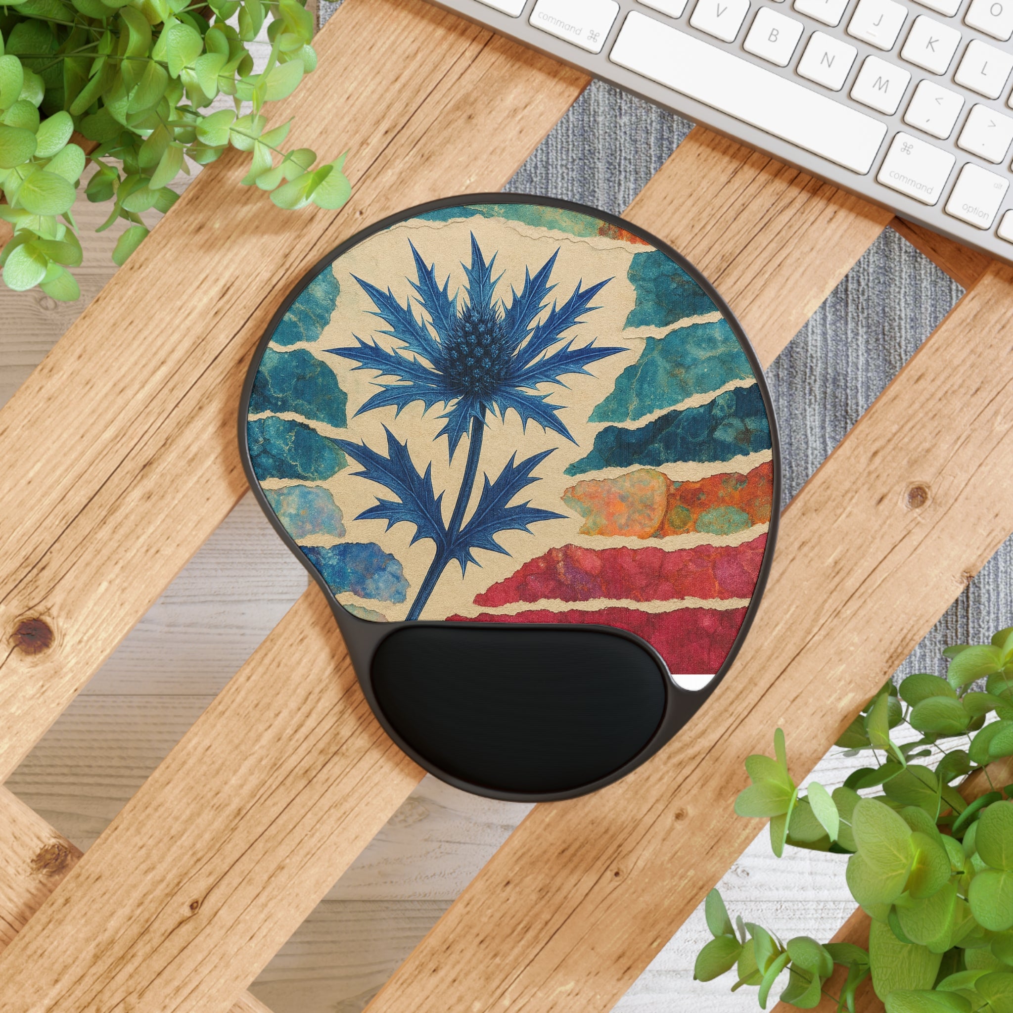 Blue Thistle Ergonomic Mouse Pad with Wrist Rest — Floral Desk Accessory