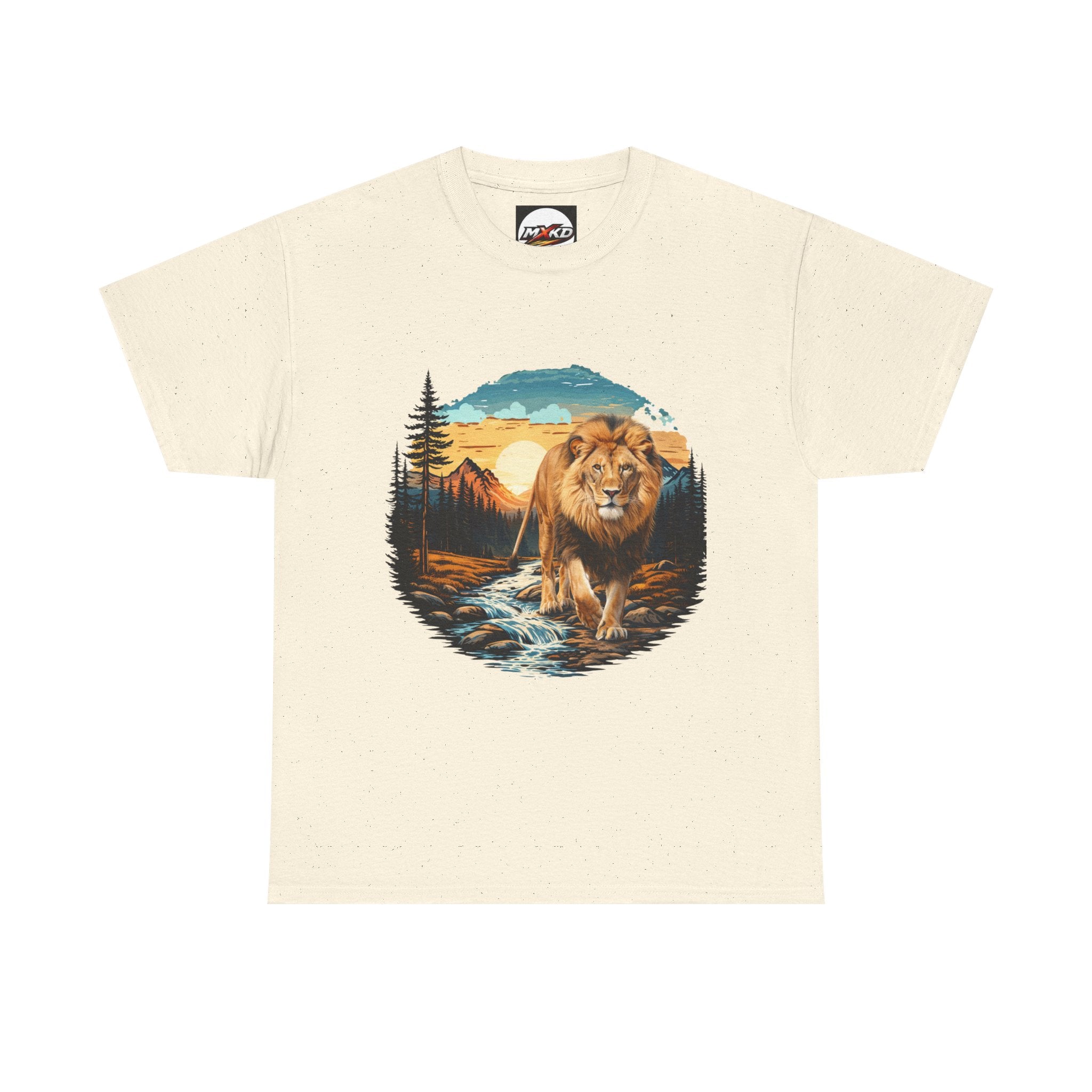 Lion in Wilderness Graphic Tee — Vintage Mountain Sunset T-Shirt