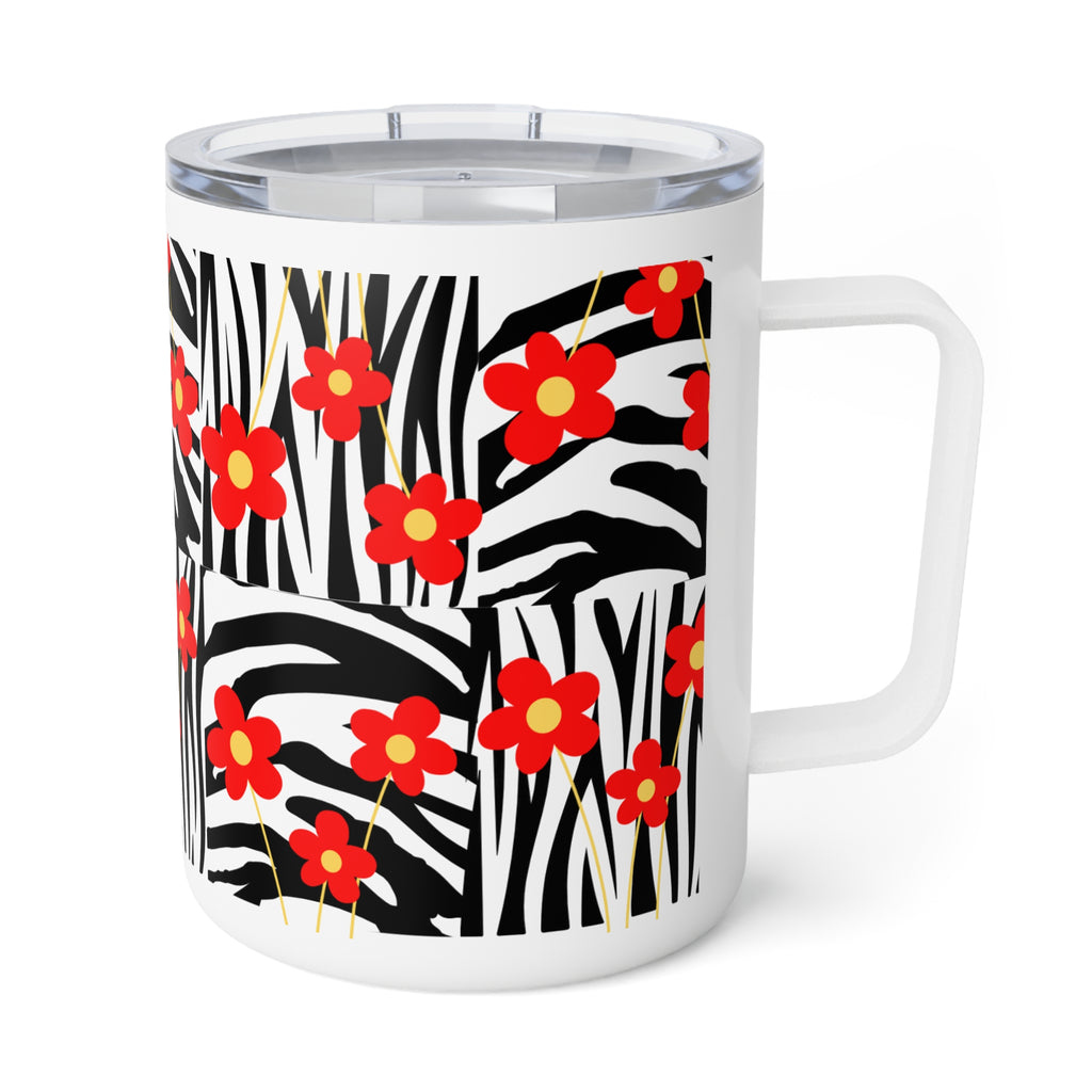 10oz Insulated Coffee Mug — Red Floral on Zebra Stripe Pattern